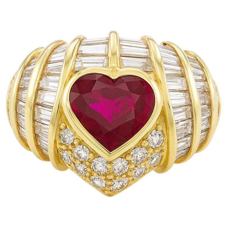 Heart-Shaped Ruby and Diamond 4.00 Carat Ring in 18K Yellow Gold For Sale