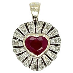Heart Shaped Ruby and Diamond Dome Pendant 14k White Gold
