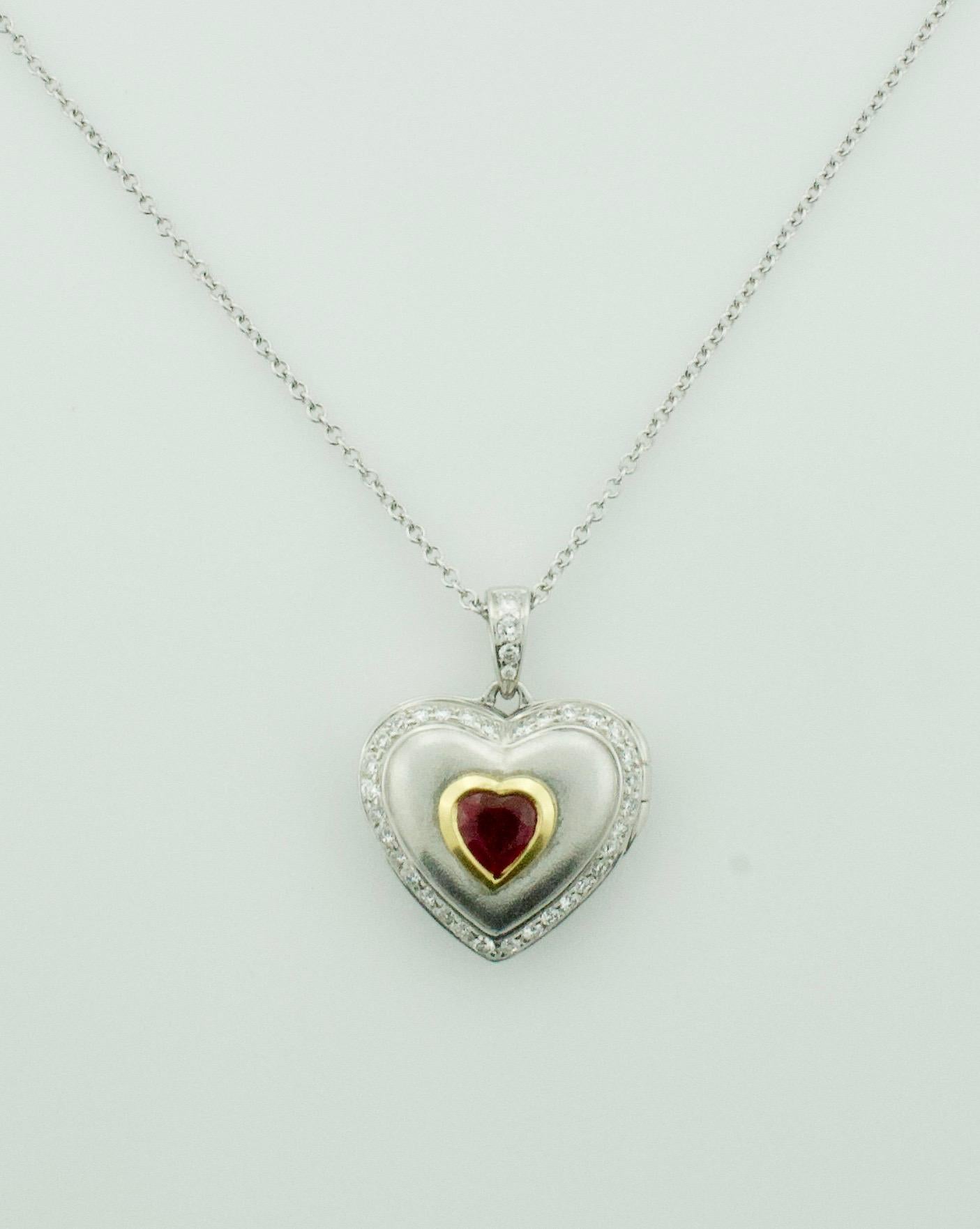 Heart Shaped Ruby and Diamond Locket in 18k on Chain In New Condition In Wailea, HI