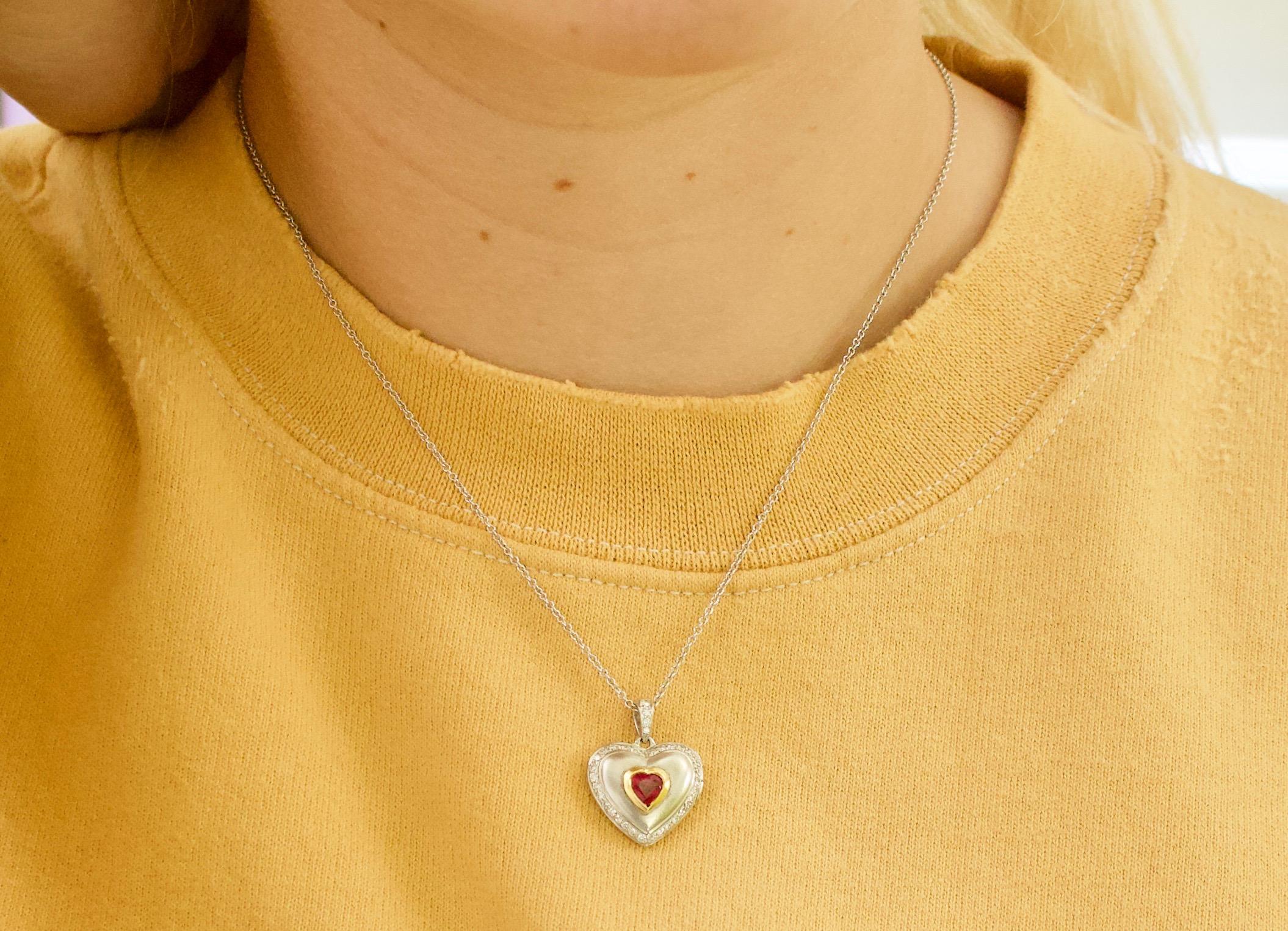 Women's or Men's Heart Shaped Ruby and Diamond Locket in 18k on Chain