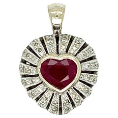 Heart Shaped Ruby and Diamond Pendant 14k White Gold