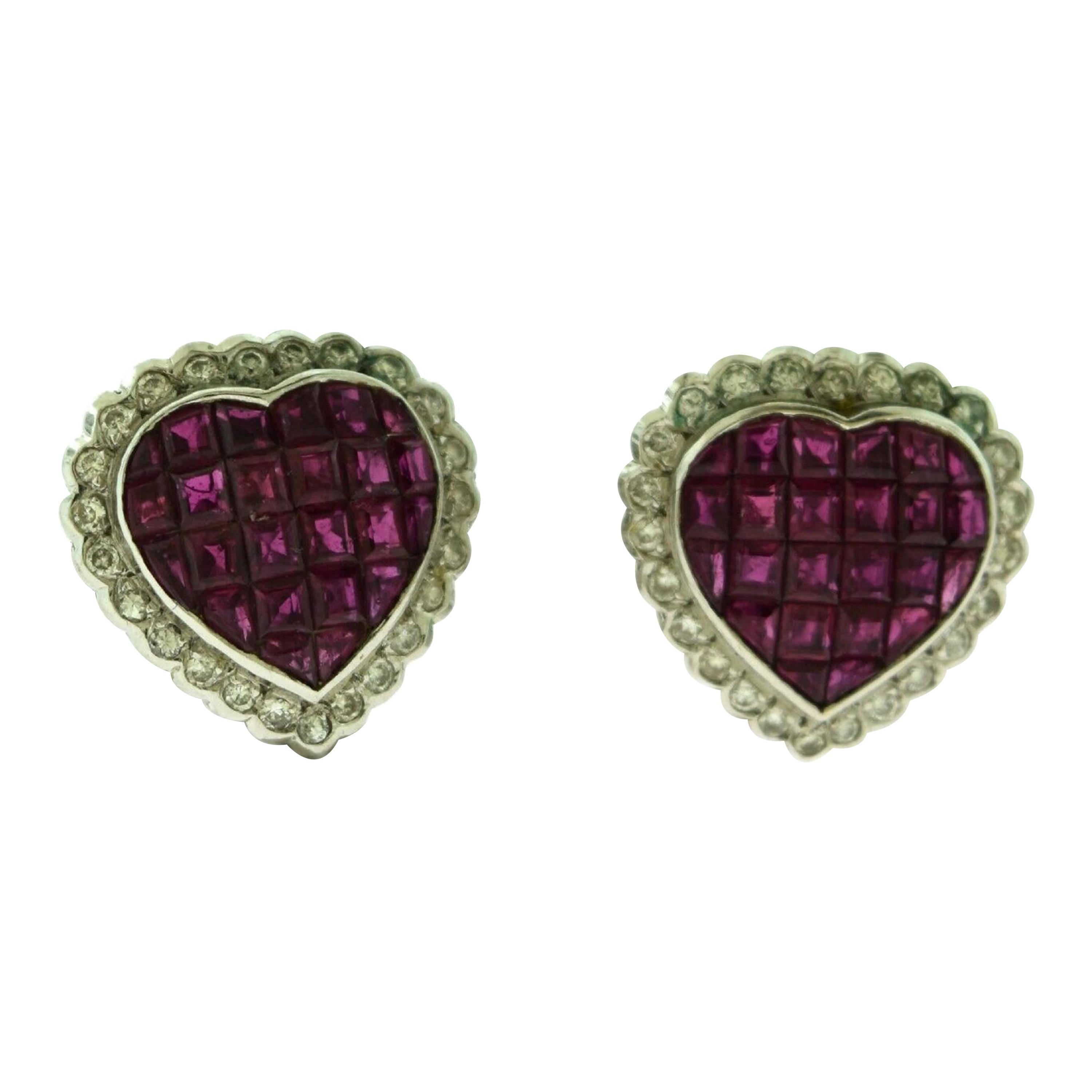 Heart-Shaped Ruby and Diamond White Gold Studs Earrings