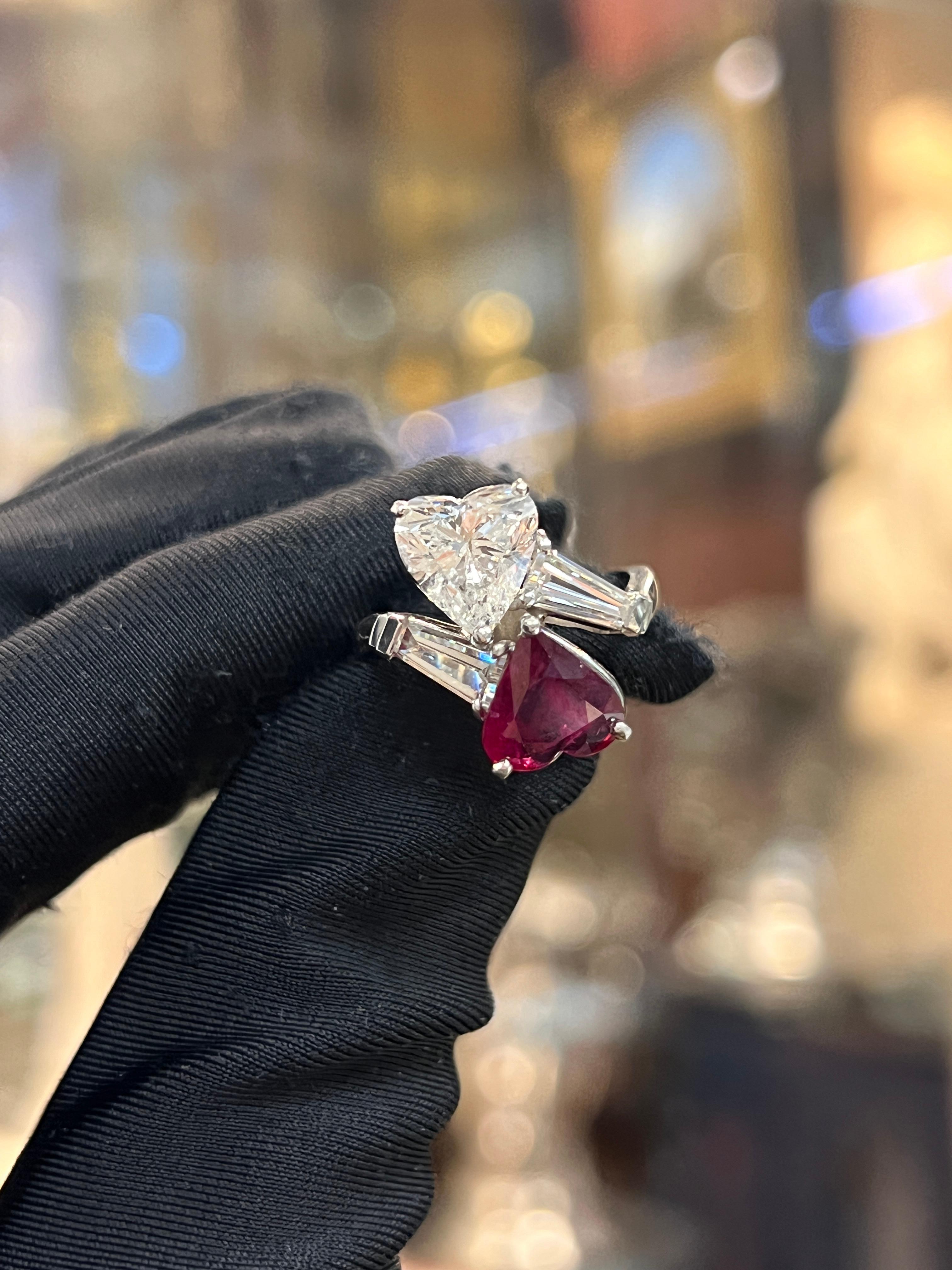 Heart Shaped Ruby and Diamond You & Me Ring In Excellent Condition For Sale In New York, NY