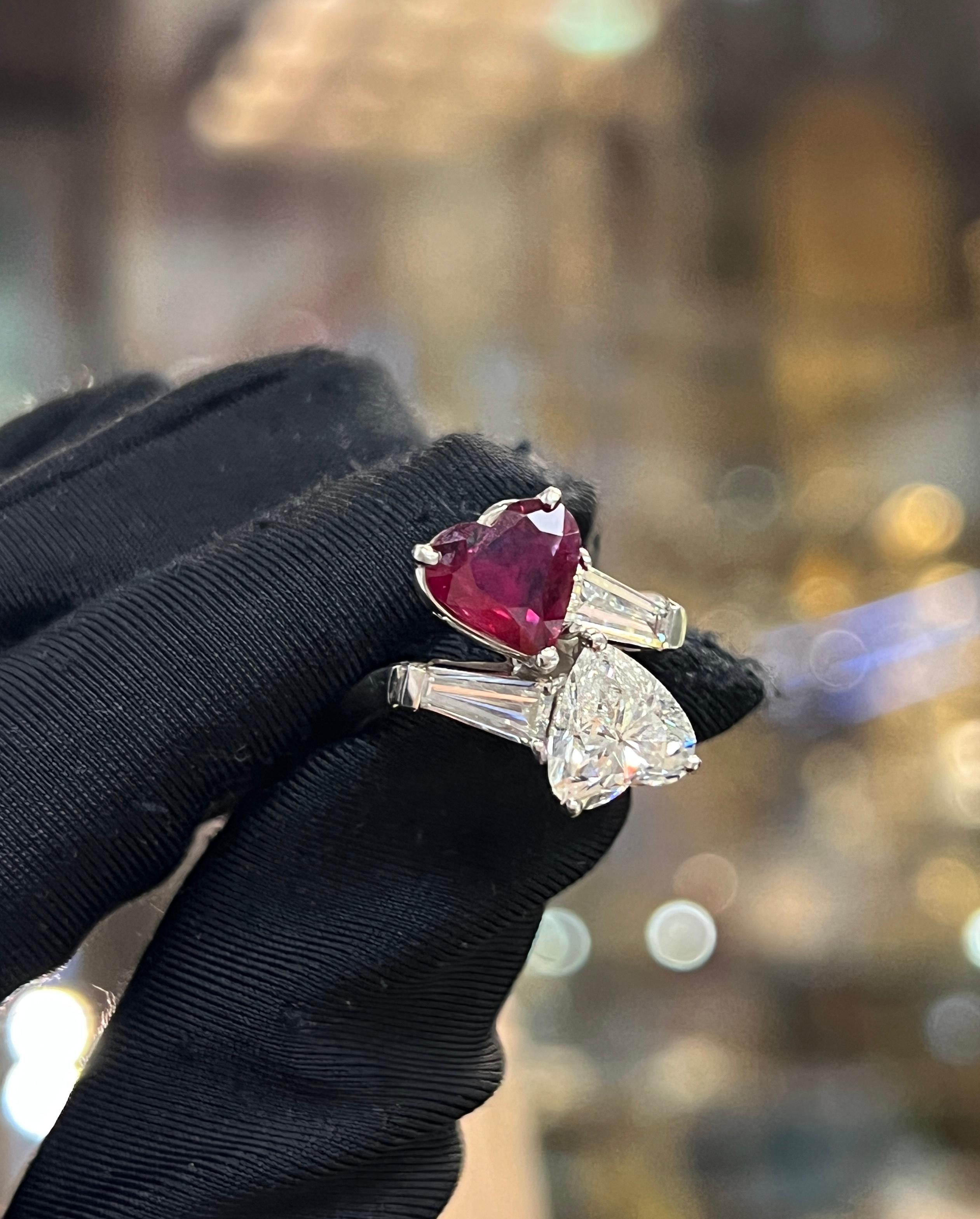Women's Heart Shaped Ruby and Diamond You & Me Ring For Sale