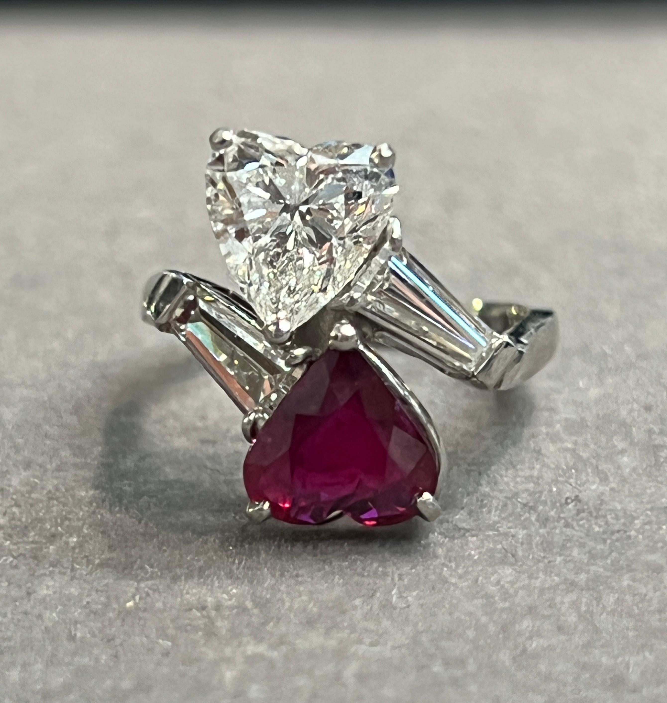 Heart Shaped Ruby and Diamond You & Me Ring For Sale 1