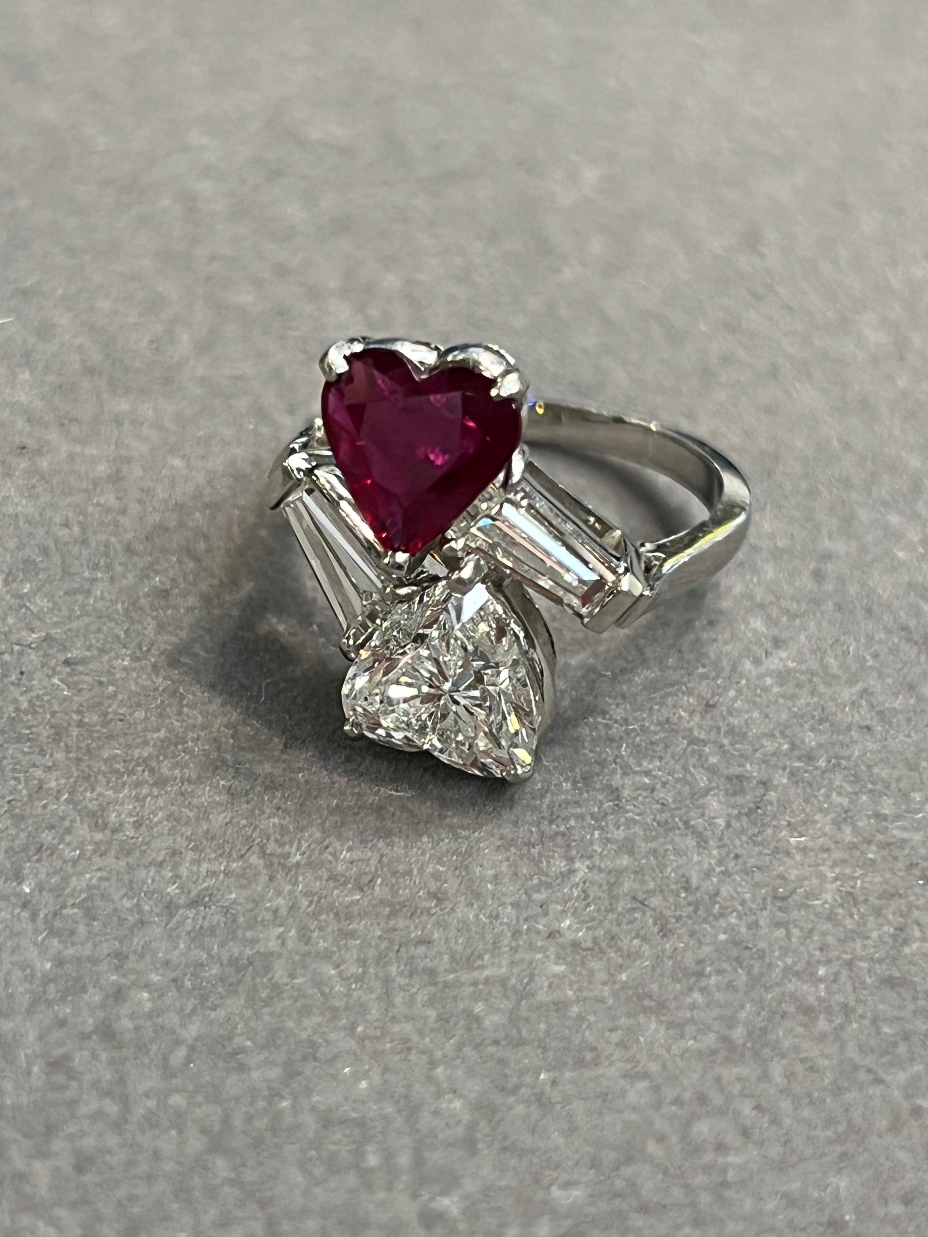 Heart Shaped Ruby and Diamond You & Me Ring For Sale 2