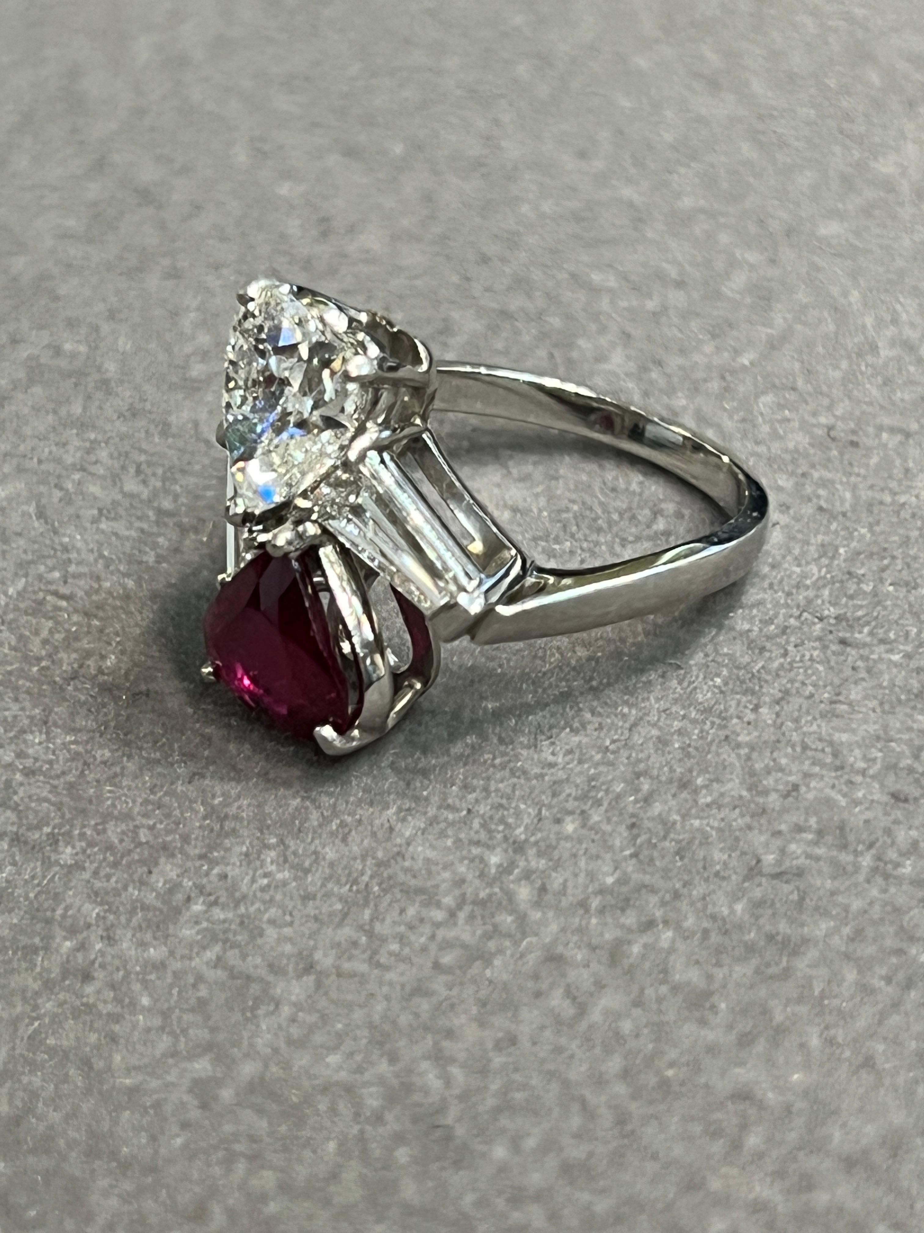 Heart Shaped Ruby and Diamond You & Me Ring For Sale 4