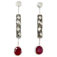 Heart Shaped Ruby Black White Diamond Vertical Drop White Gold Earrings Heart Shaped Ruby Black White Diamond Vertical Drop White Gold Earrings