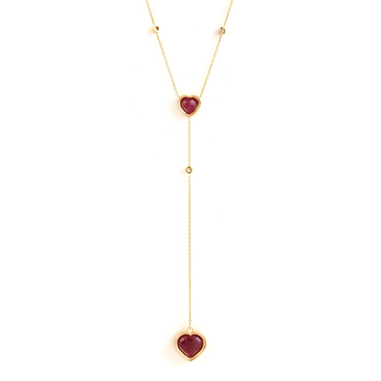 Art Deco Heart Shaped Ruby Chain Necklace With Diamonds Made In 18k Yellow Gold For Sale