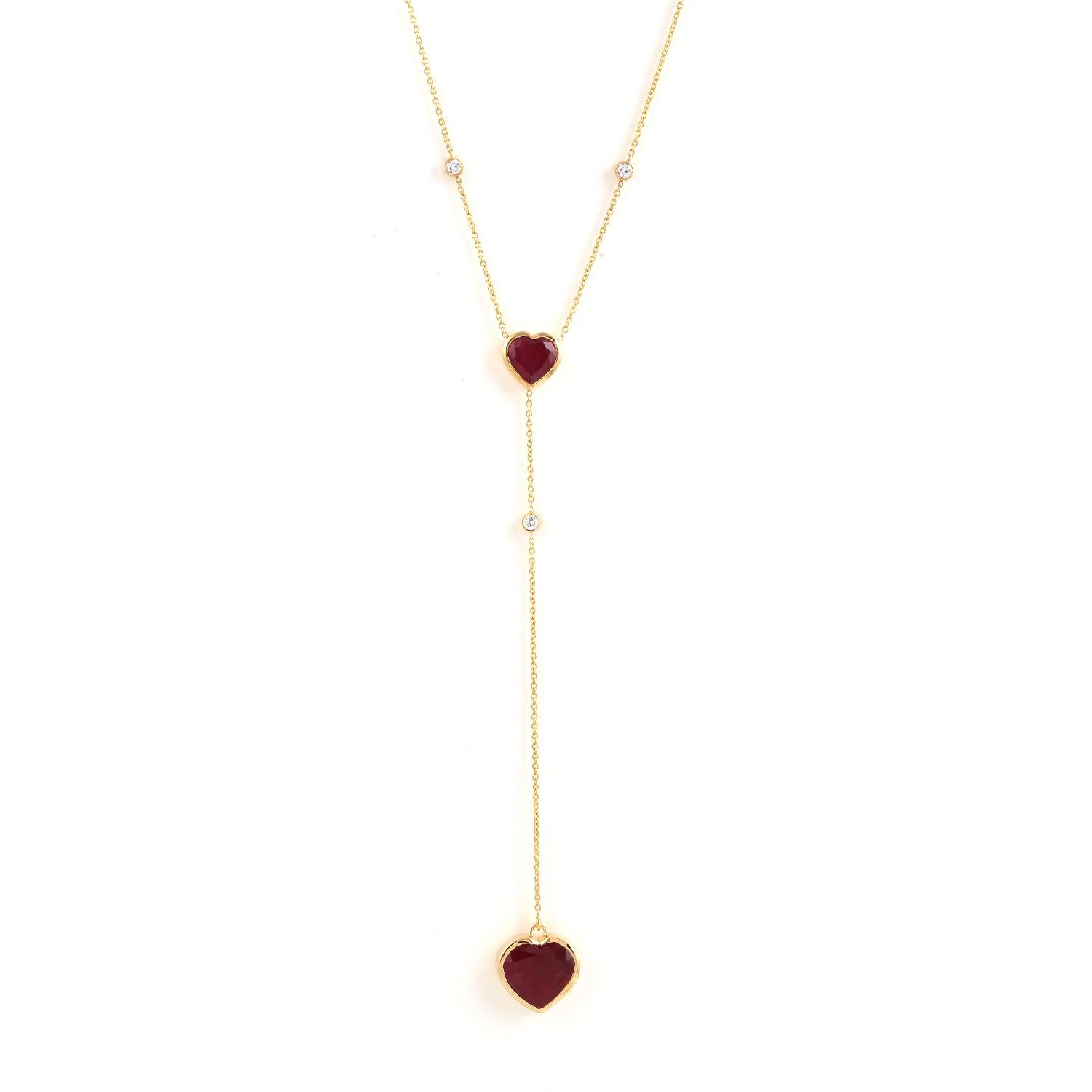 Mixed Cut Heart Shaped Ruby Chain Necklace With Diamonds Made In 18k Yellow Gold For Sale