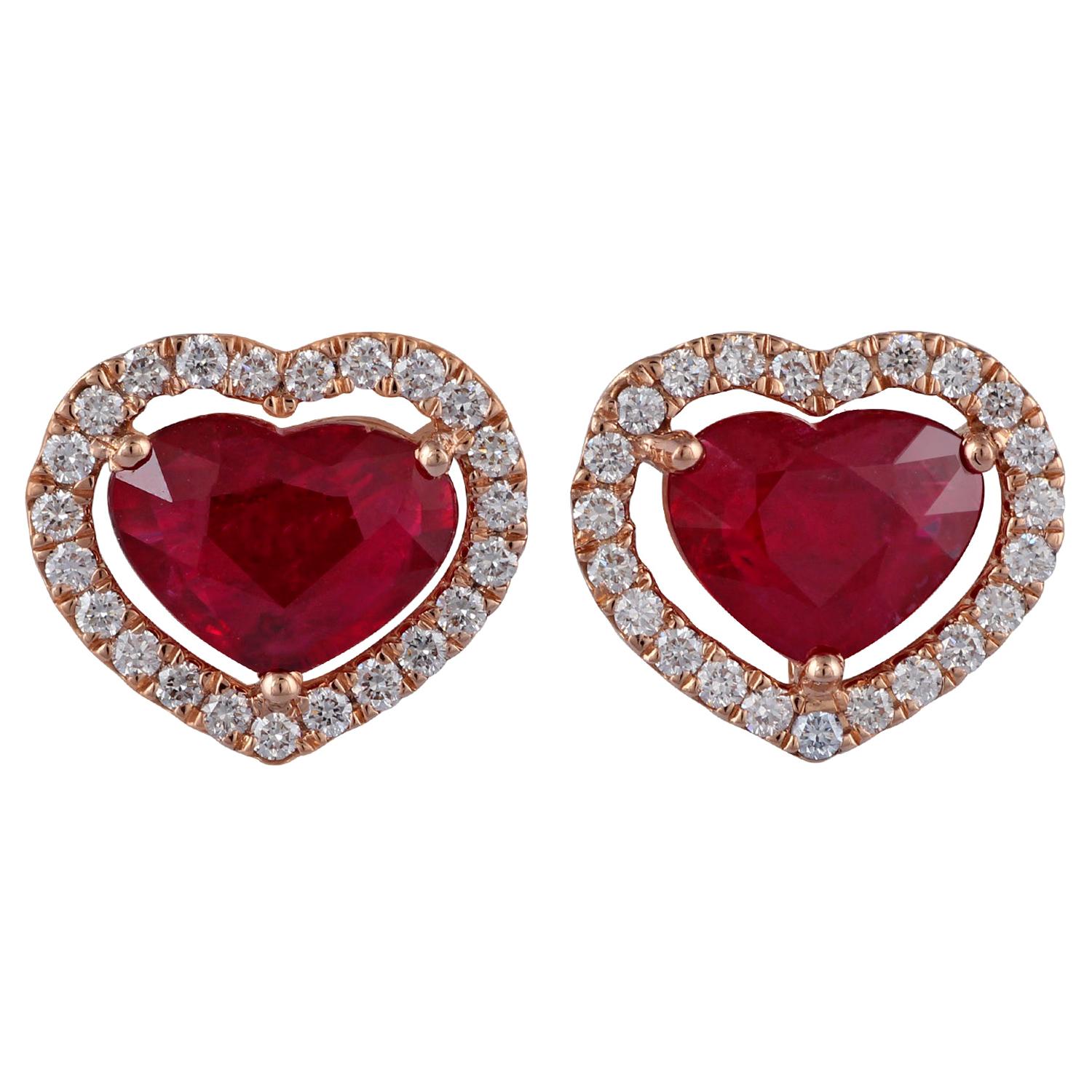 Heart Shaped Ruby Diamond Earring Studded in 18 Karat Rose Gold