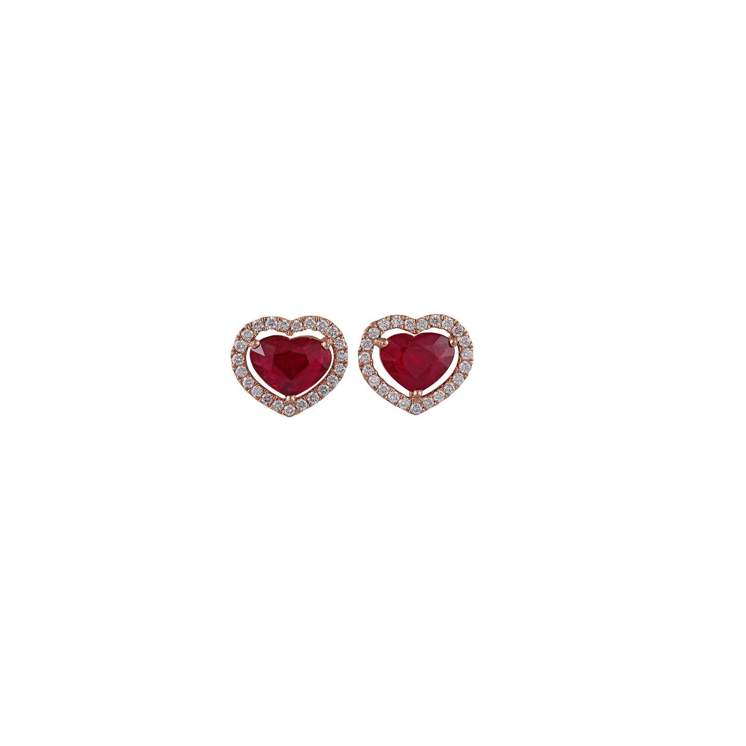 Contemporary Heart Shaped Ruby Diamond Earring Studded in 18 Karat Rose Gold