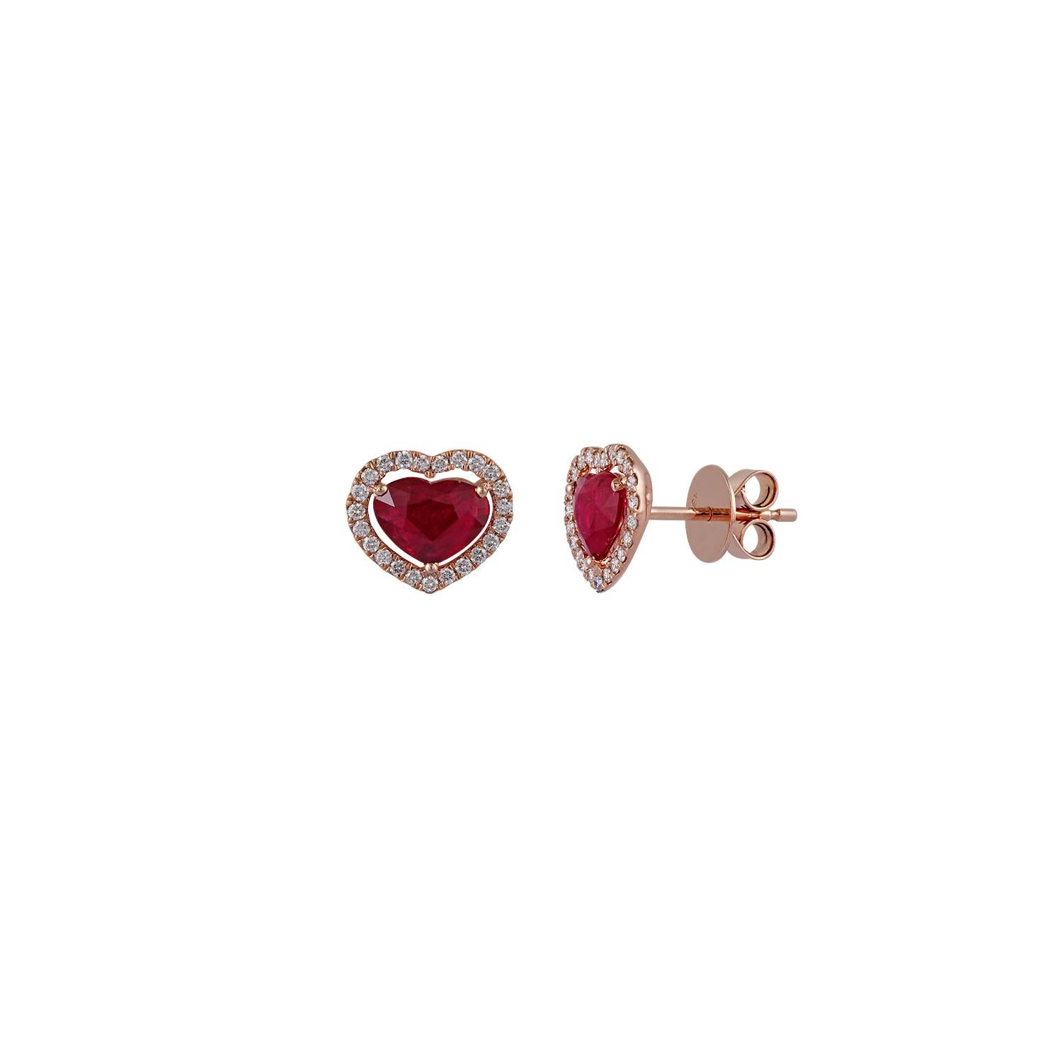 Heart Cut Heart Shaped Ruby Diamond Earring Studded in 18 Karat Rose Gold