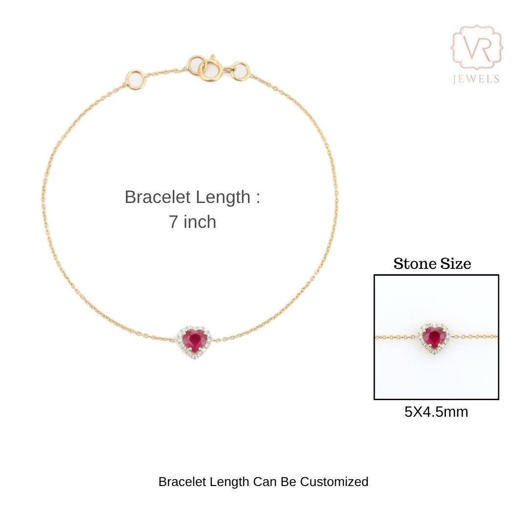 Bracciale a catena con rubini e diamanti a forma di cuore in oro giallo 14k, regalo per la moglie in vendita 8