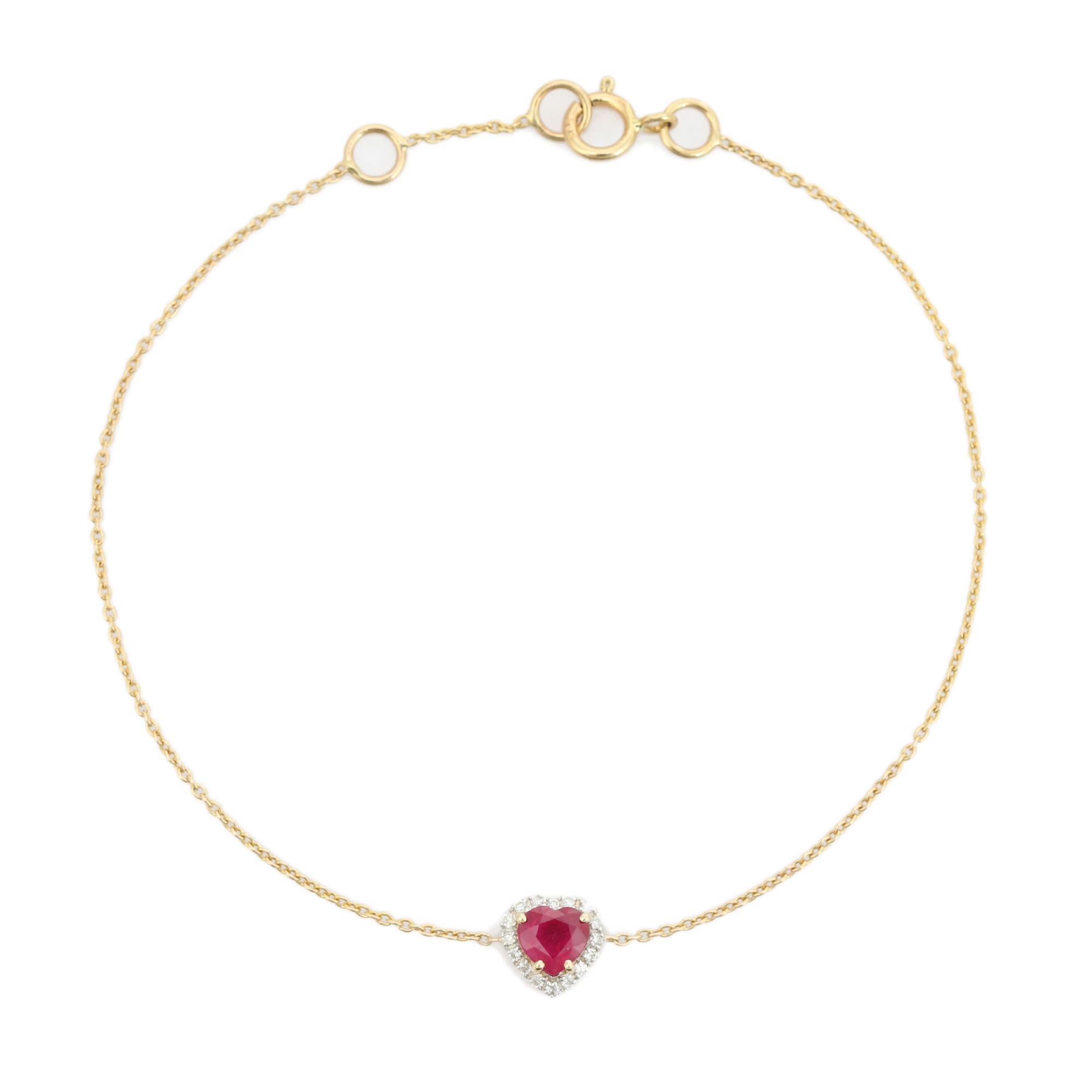 Bracciale a catena con rubini e diamanti a forma di cuore in oro giallo 14k, regalo per la moglie in vendita 1
