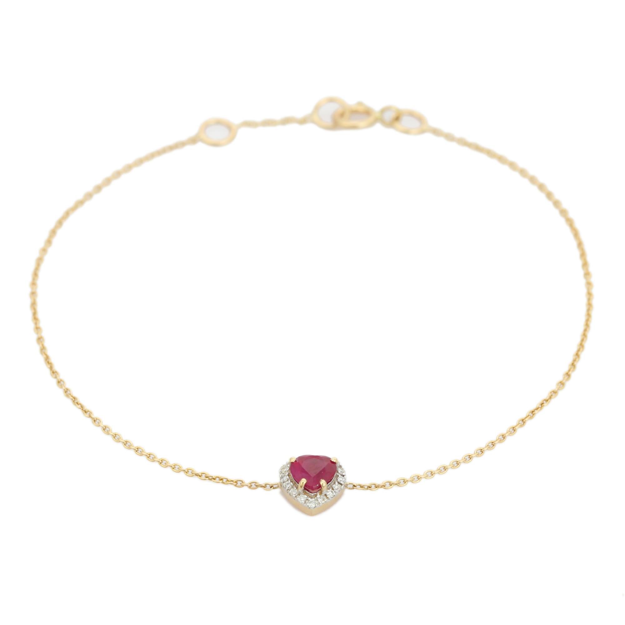 Bracciale a catena con rubini e diamanti a forma di cuore in oro giallo 14k, regalo per la moglie in vendita 2