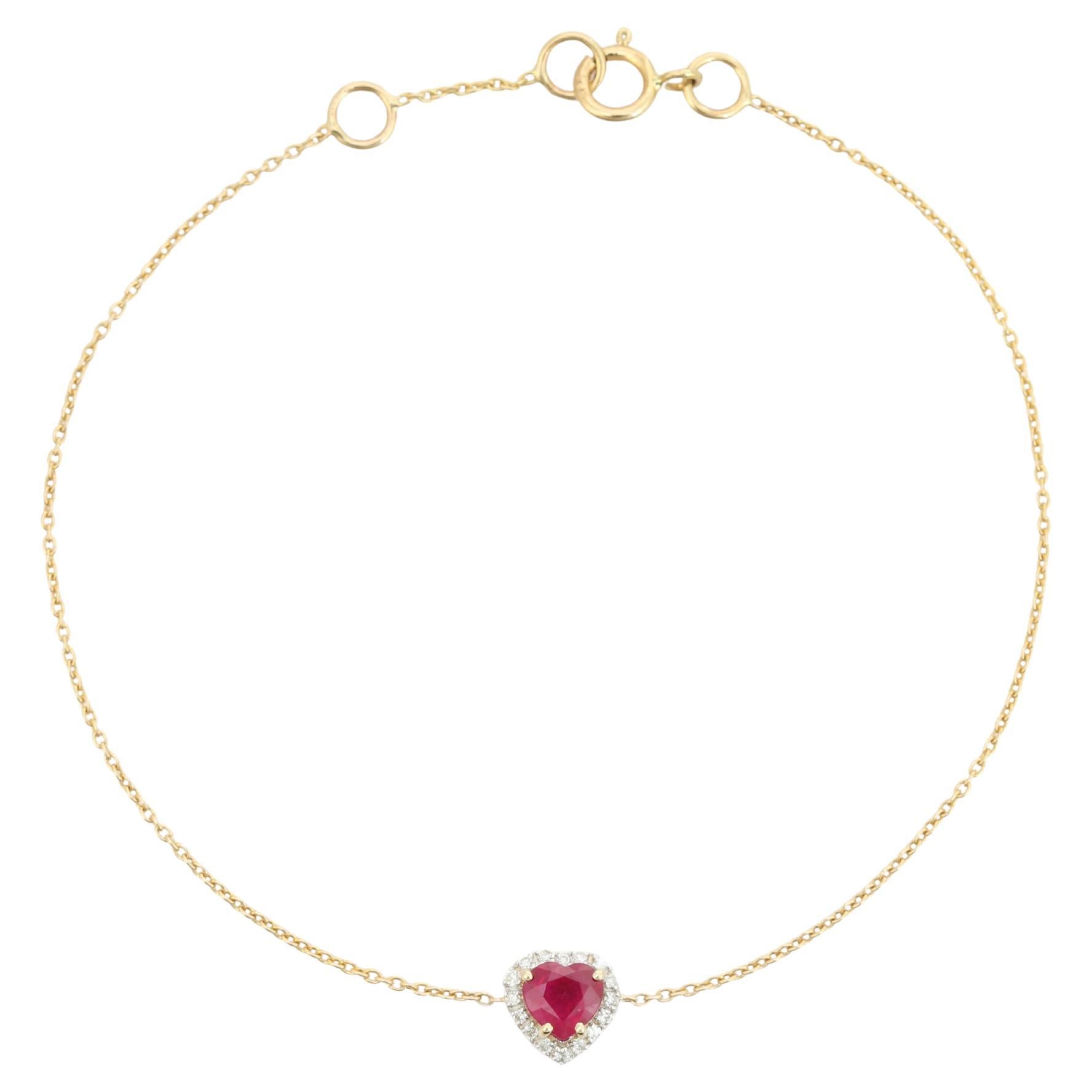 Heart Shaped Ruby & Diamond Halo Chain Bracelet in 14k Yellow Gold Gift for Wife