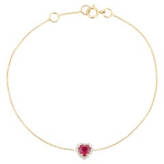 Heart Shaped Ruby & Diamond Halo Chain Bracelet in 14k Yellow Gold Gift for Wife