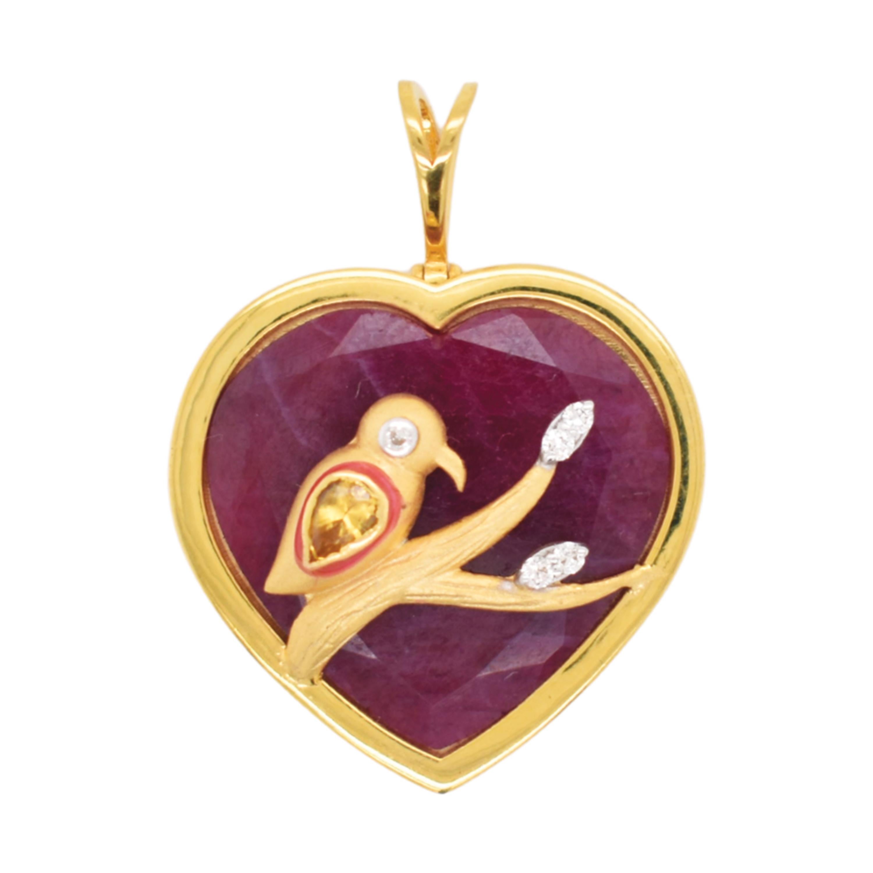 Heart-Shaped Ruby Pendant Yellow Sapphire Bird Diamond Accents Gold Pendant