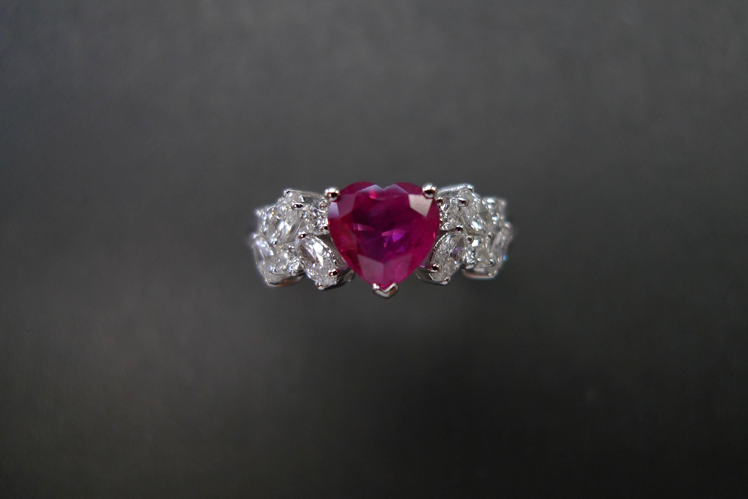For Sale:  Heart Shaped Ruby Ring with Marquise Diamond Accents in 18k white gold 3