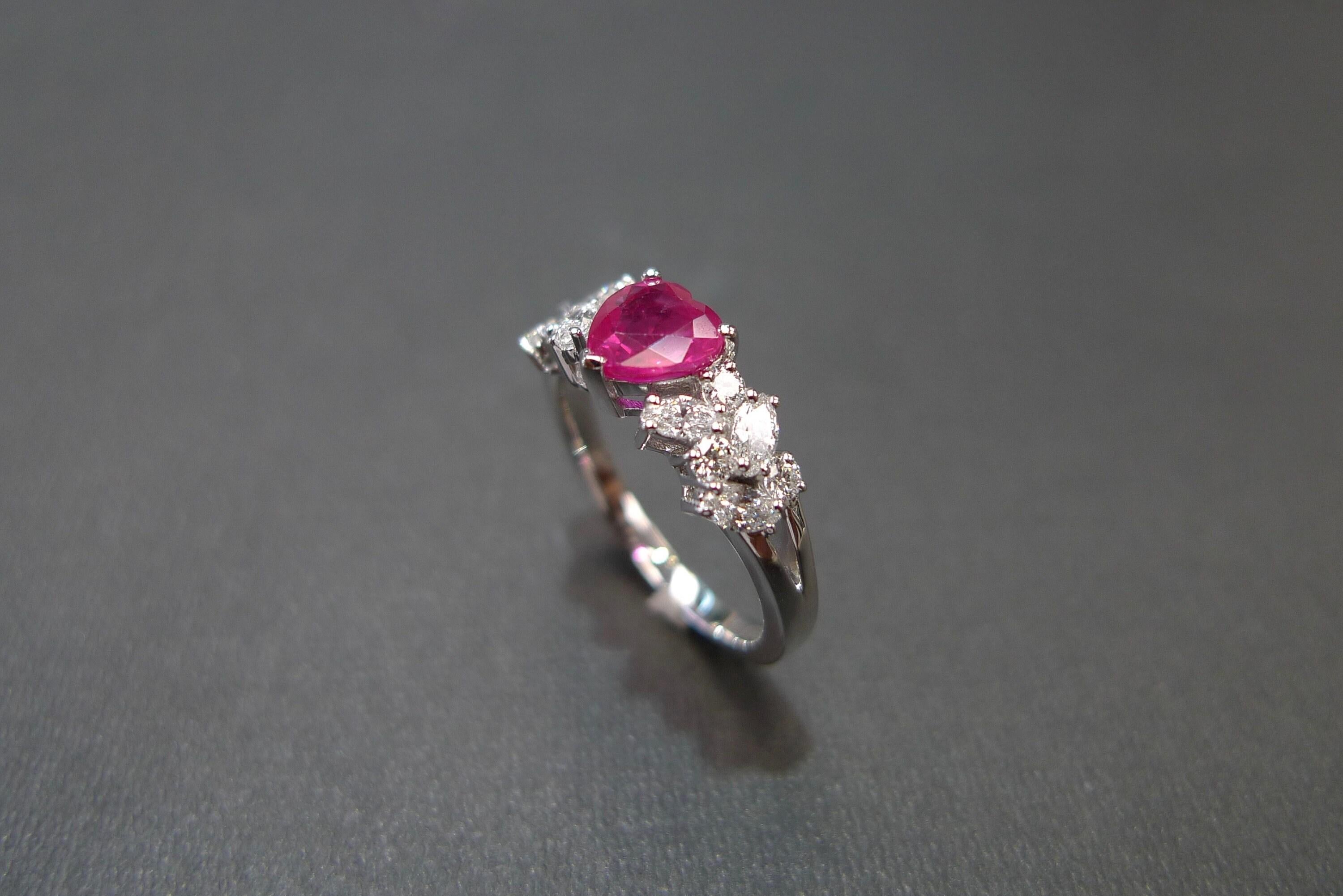 For Sale:  Heart Shaped Ruby Ring with Marquise Diamond Accents in 18k white gold 5