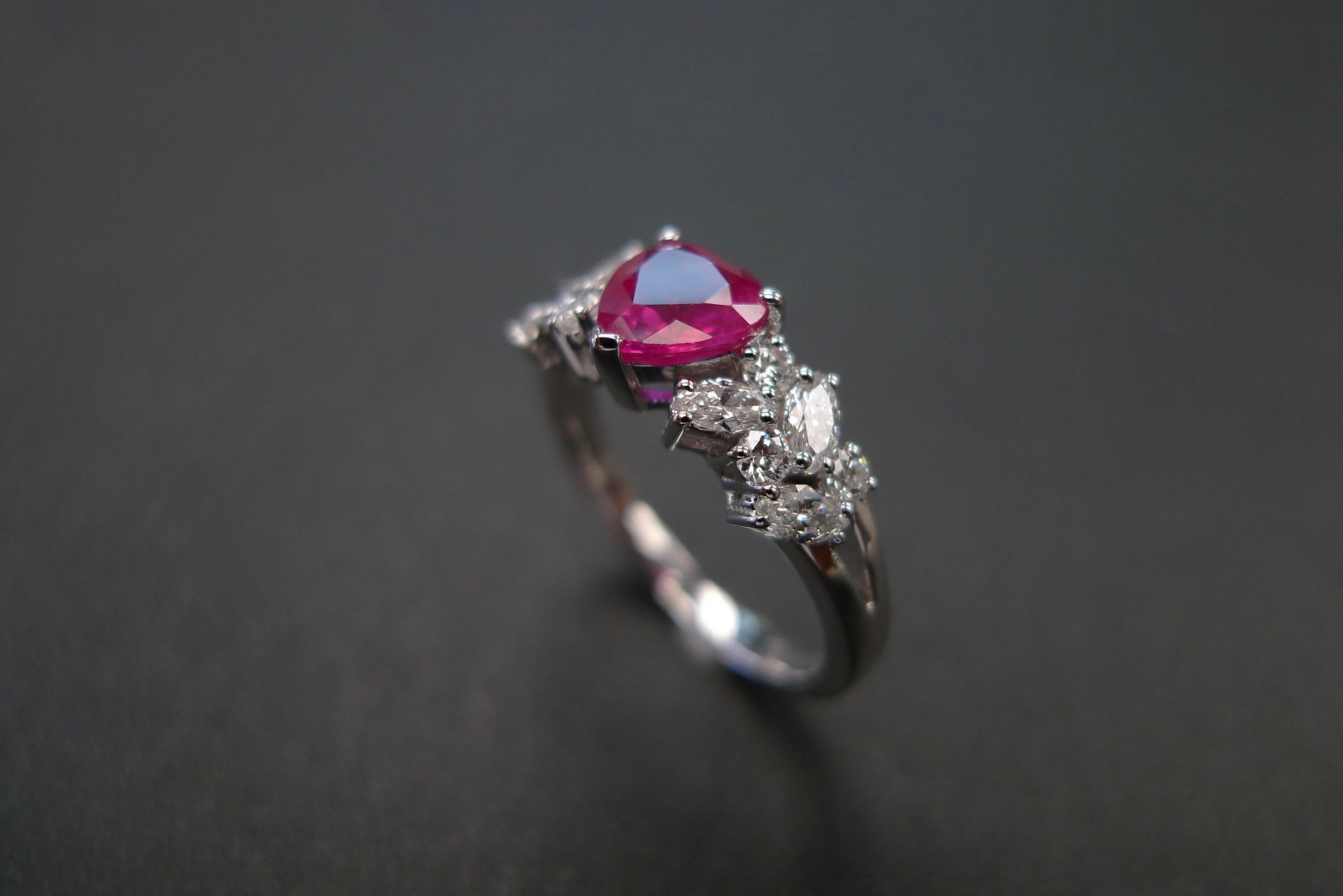 For Sale:  Heart Shaped Ruby Ring with Marquise Diamond Accents in 18k white gold 6