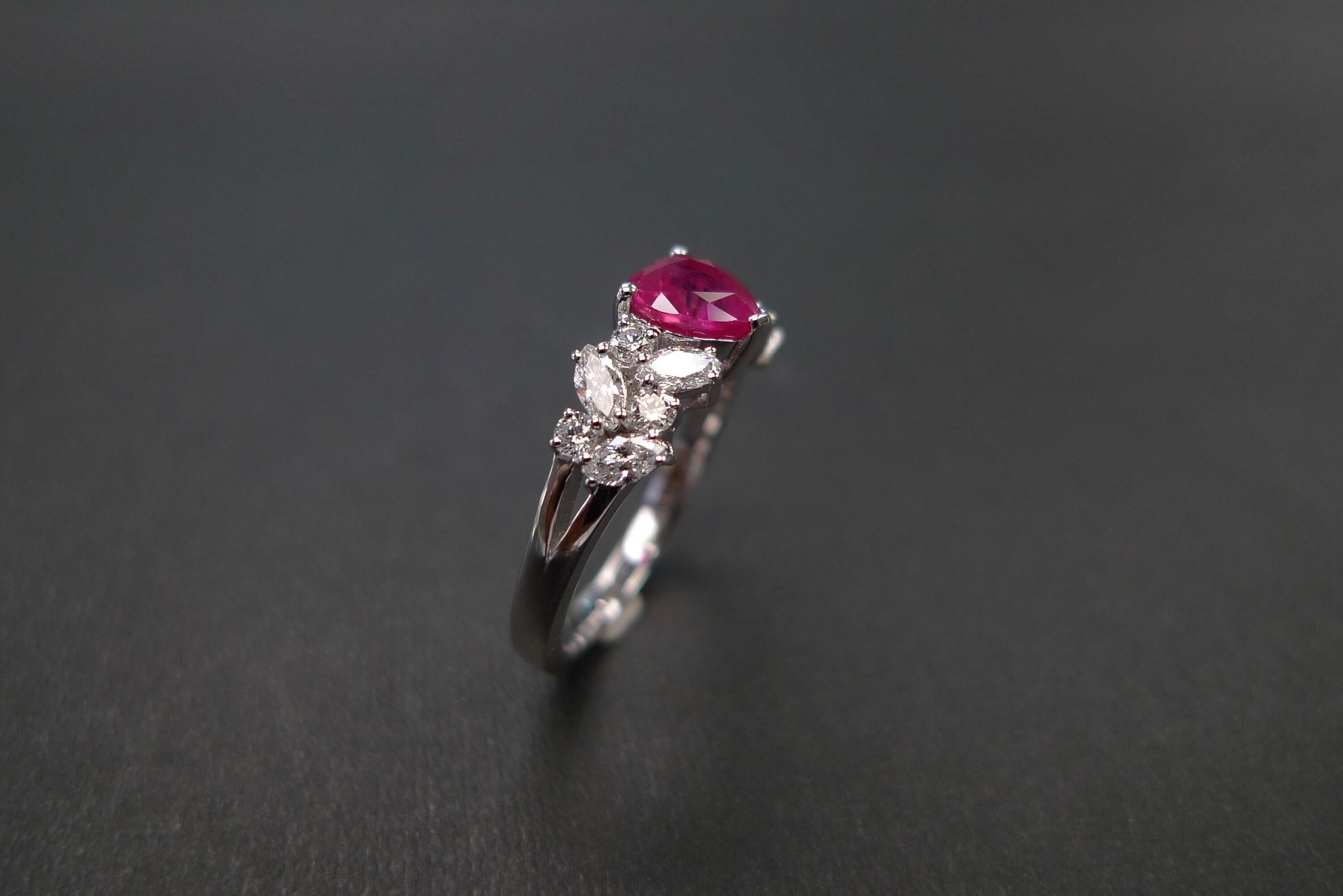 For Sale:  Heart Shaped Ruby Ring with Marquise Diamond Accents in 18k white gold 7