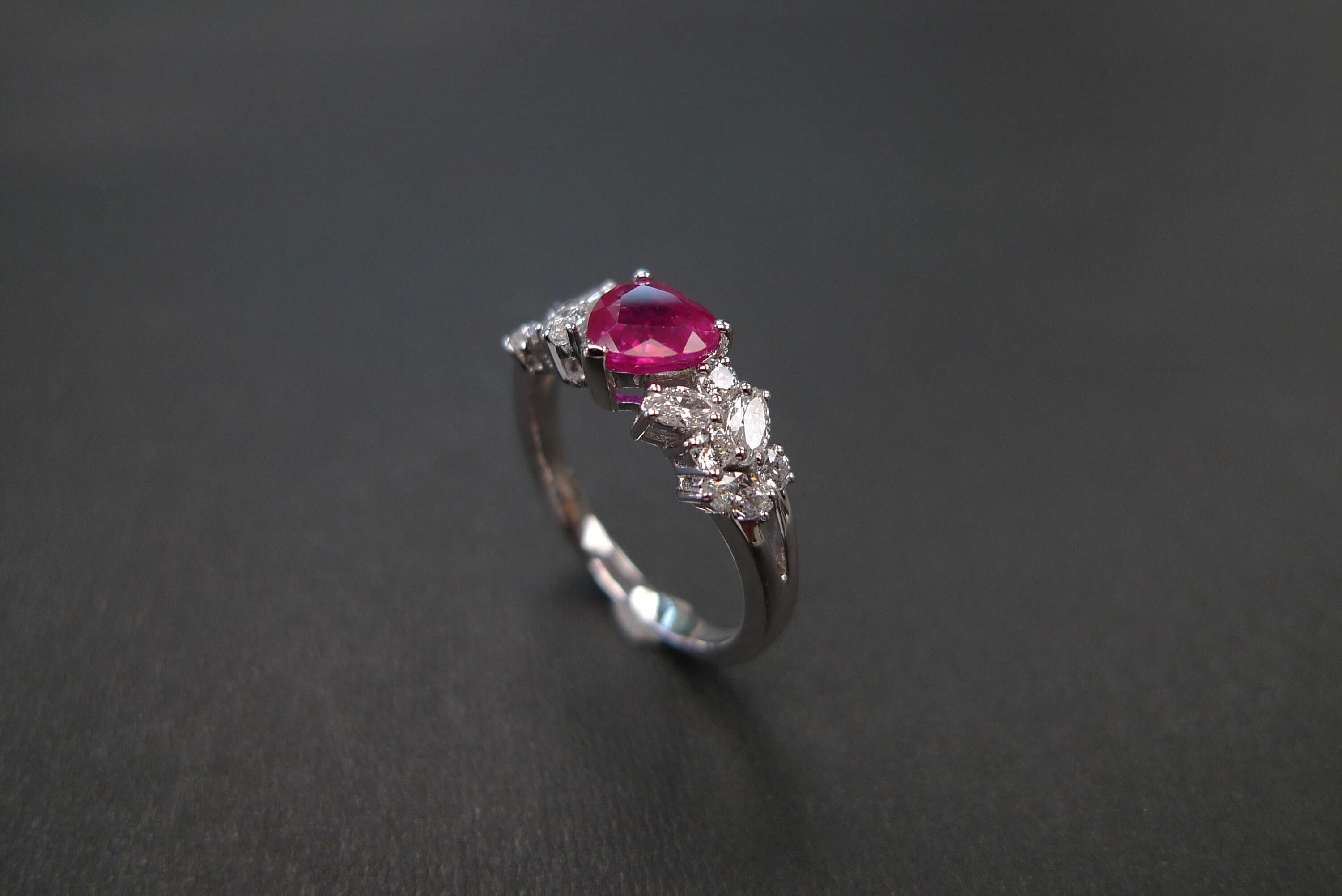 For Sale:  Heart Shaped Ruby Ring with Marquise Diamond Accents in 18k white gold 8