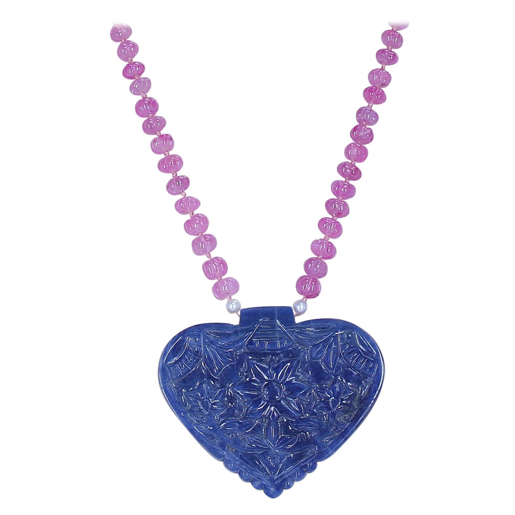 Heart-Shaped Sapphire Carving Necklace with Pink Sapphire Carved Beads, 14 Karat