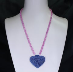 Heart-Shaped Sapphire Carving Necklace with Pink Sapphire Carved Beads, 14 Karat