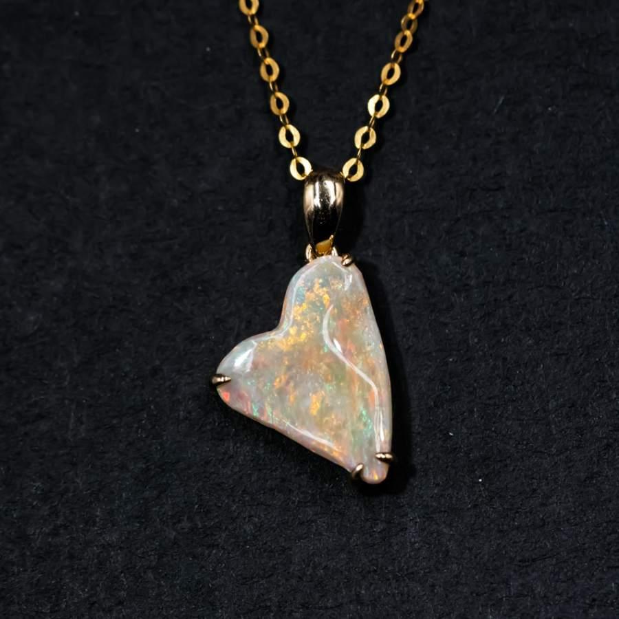 Artist Heart Shaped Semi-Black Opal Pendant Necklace 18K Yellow Gold For Sale