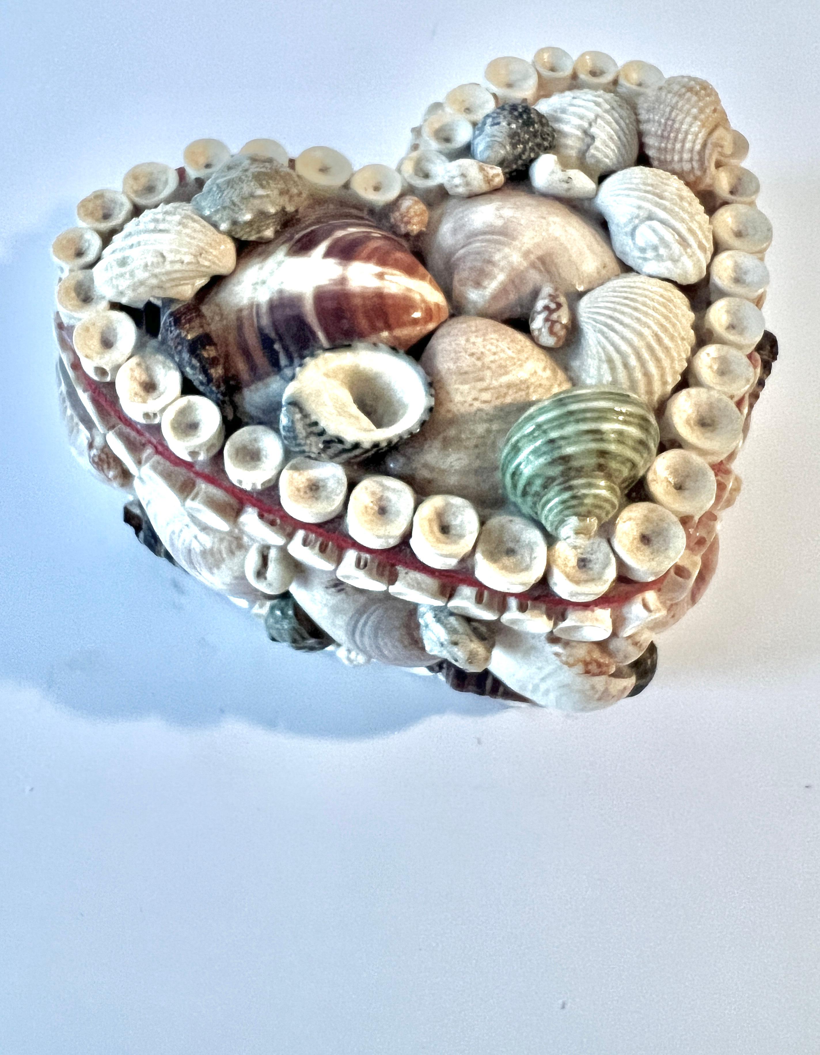 Victorian Heart Shaped Shell Encrusted Box with Hinged Lid and Red lining For Sale