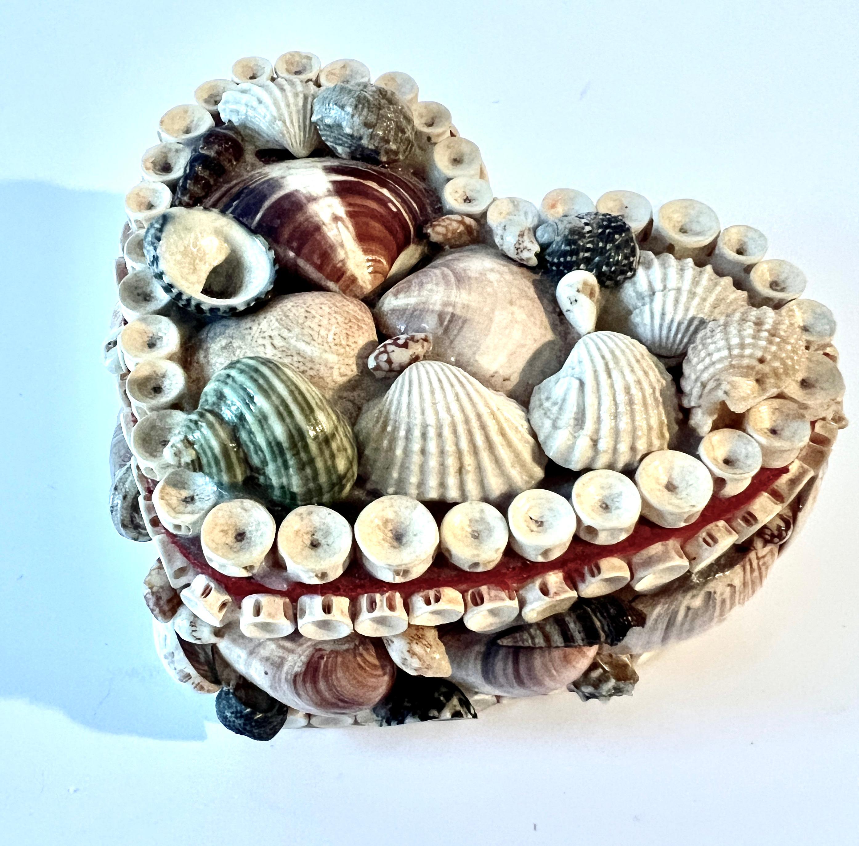 Hand-Crafted Heart Shaped Shell Encrusted Box with Hinged Lid and Red lining For Sale