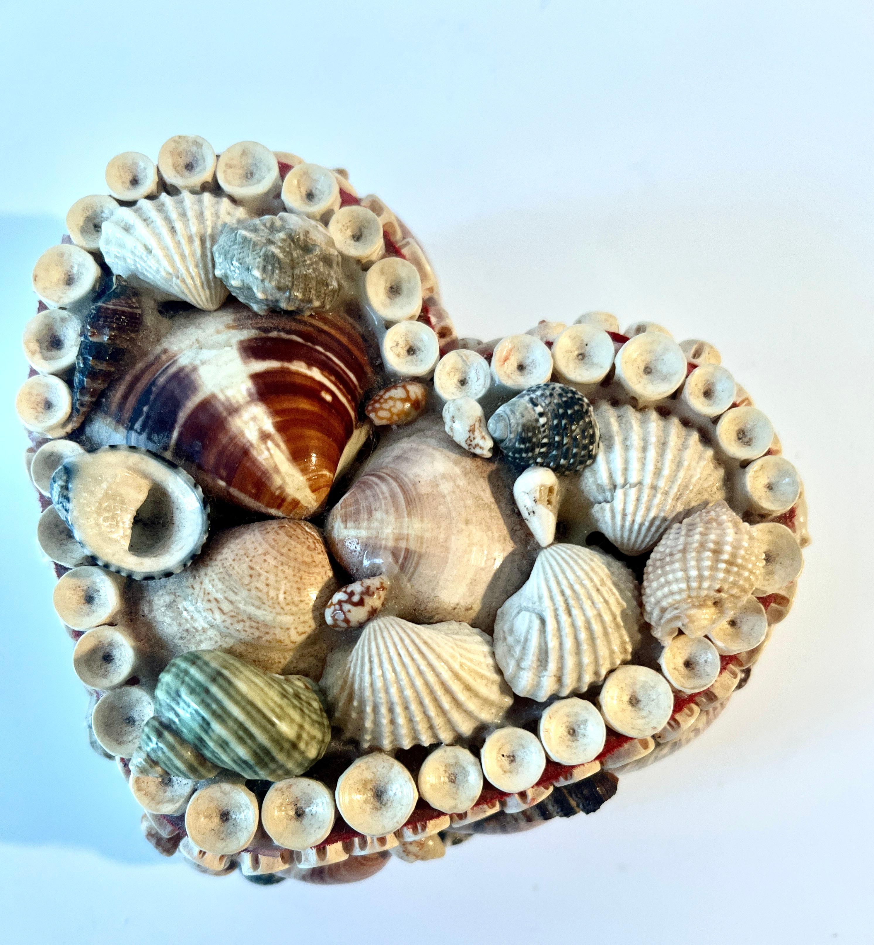 Heart Shaped Shell Encrusted Box with Hinged Lid and Red lining In Good Condition For Sale In Los Angeles, CA