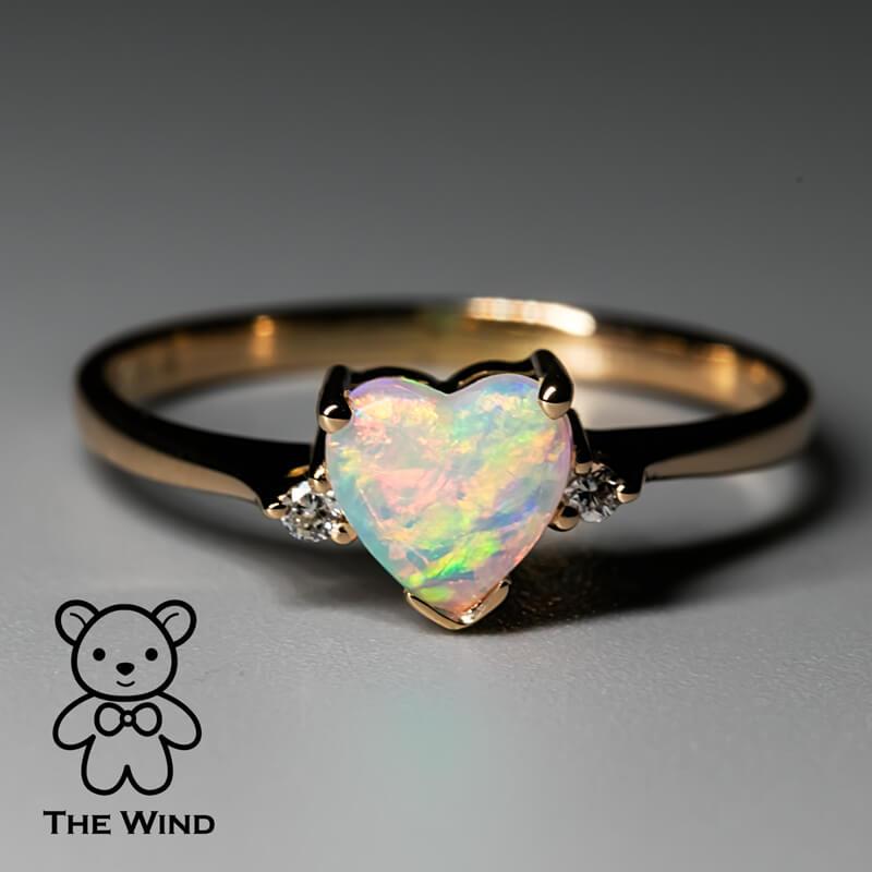 Rose Cut Heart Shaped Solid Opal & Diamond Engagement Ring in 18K Rose Gold For Sale
