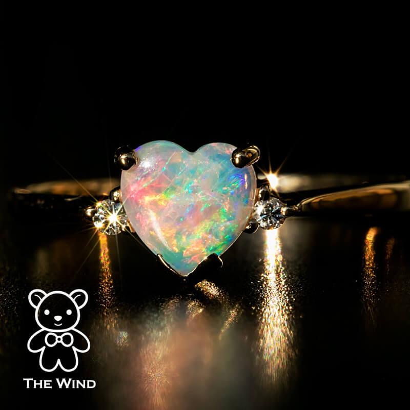 Women's Heart Shaped Solid Opal & Diamond Engagement Ring in 18K Rose Gold For Sale