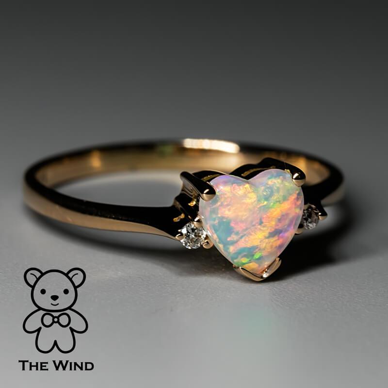 Heart Shaped Solid Opal & Diamond Engagement Ring in 18K Rose Gold For Sale 1