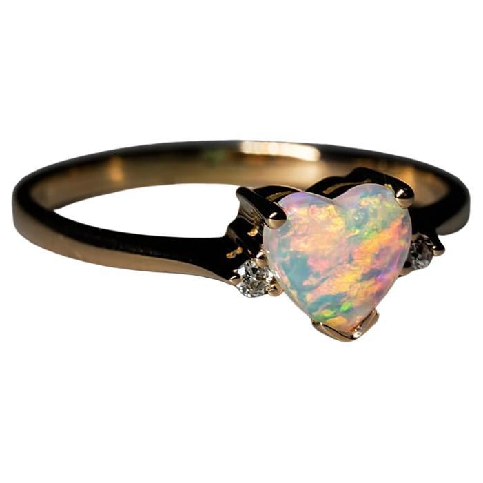Heart Shaped Solid Opal & Diamond Engagement Ring in 18K Rose Gold For Sale