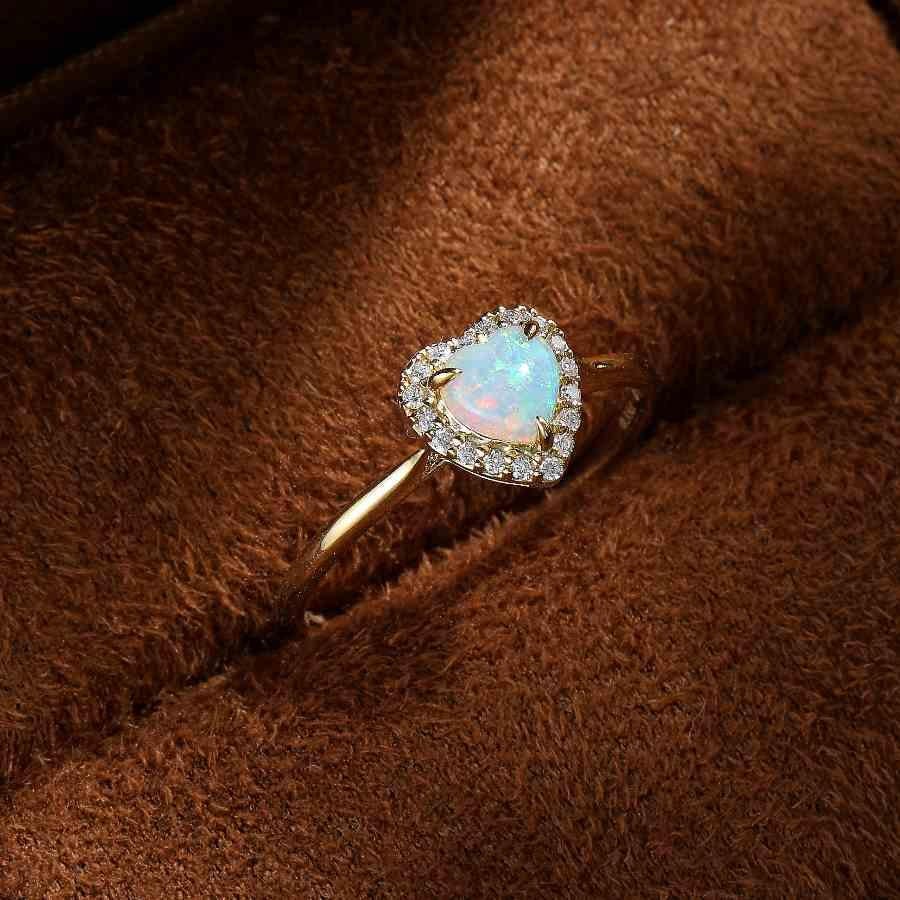 Brilliant Cut Heart Shaped Solid Opal Halo Diamond Engagement Ring 18K Yellow Gold For Sale