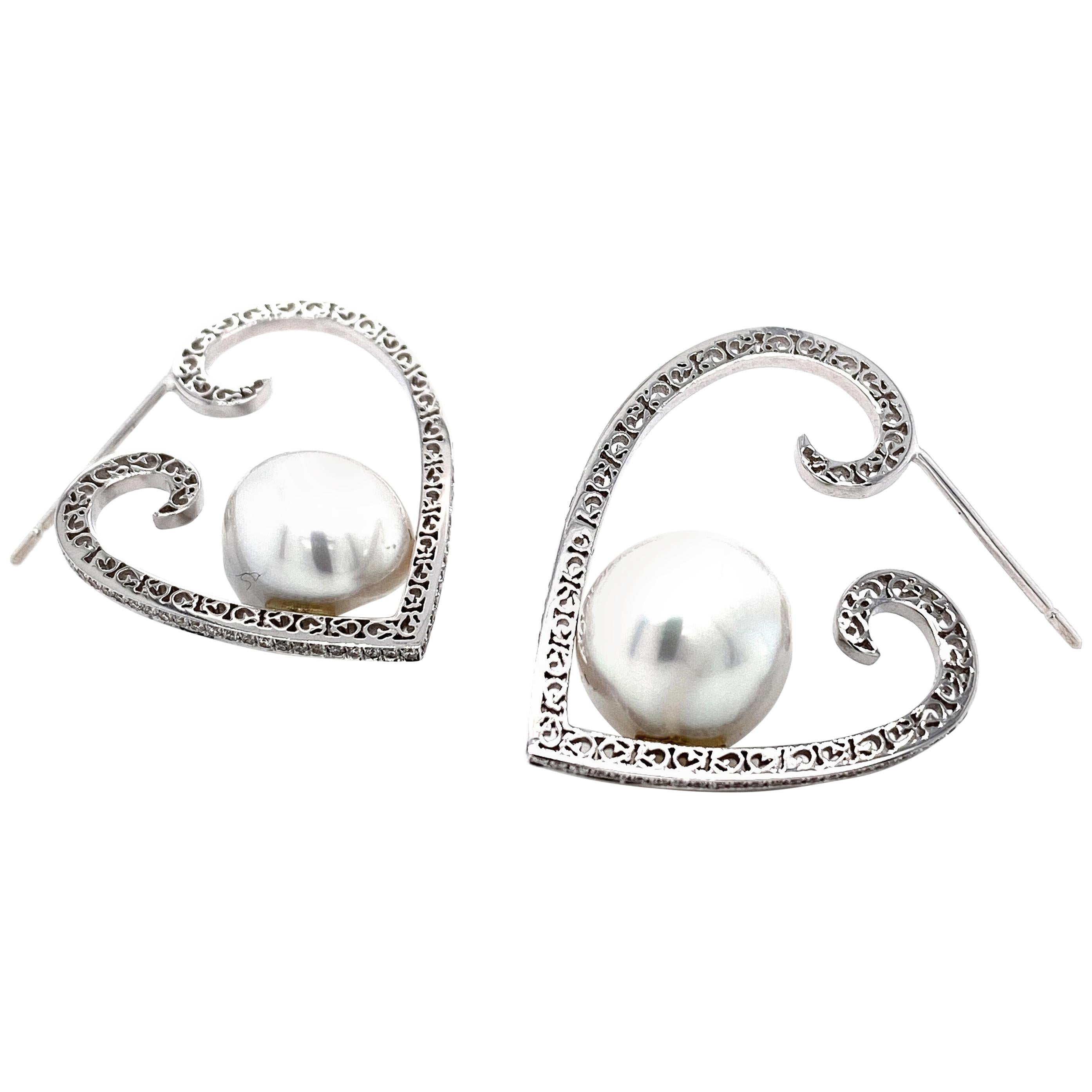 Heart-Shaped South Sea Pearl and Diamond Hoop Earrings in 18 Karat Gold
