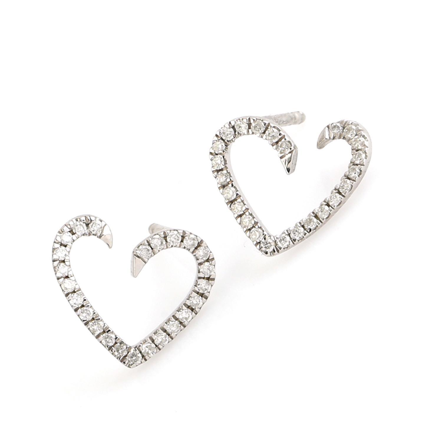 Artisan Heart Shaped Stud Earrings With Pave Diamonds Made In 14K White Gold