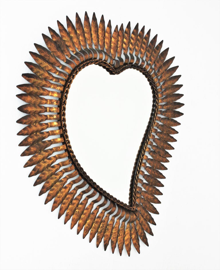 Mid-Century Modern Heart Shaped Sunburst Mirror in Gilt Metal For Sale