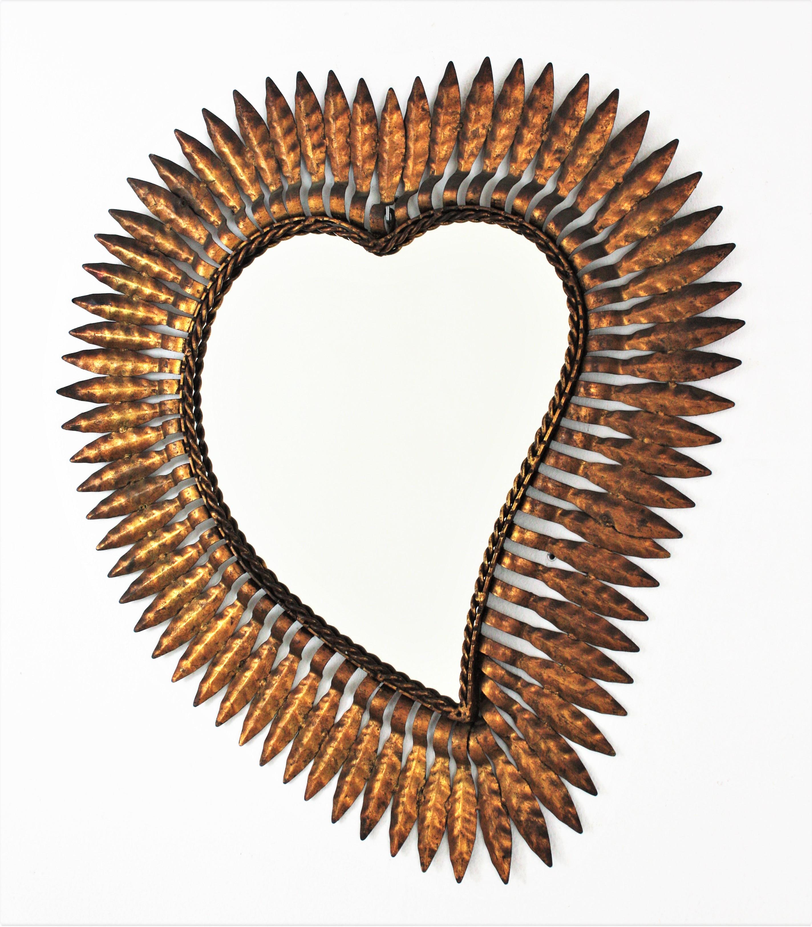 20th Century Heart Shaped Sunburst Mirror in Gilt Metal