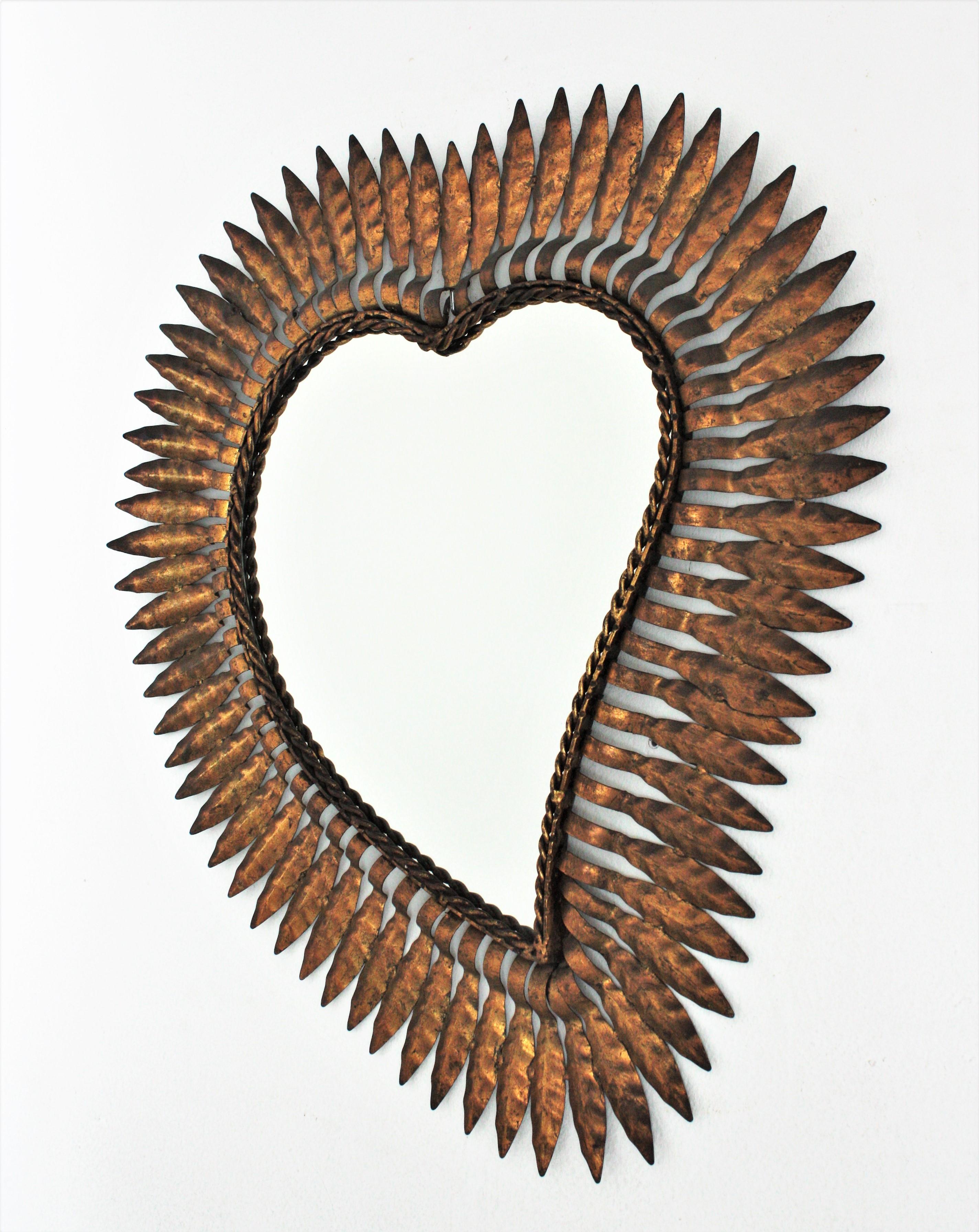 Heart Shaped Sunburst Mirror in Gilt Metal 1