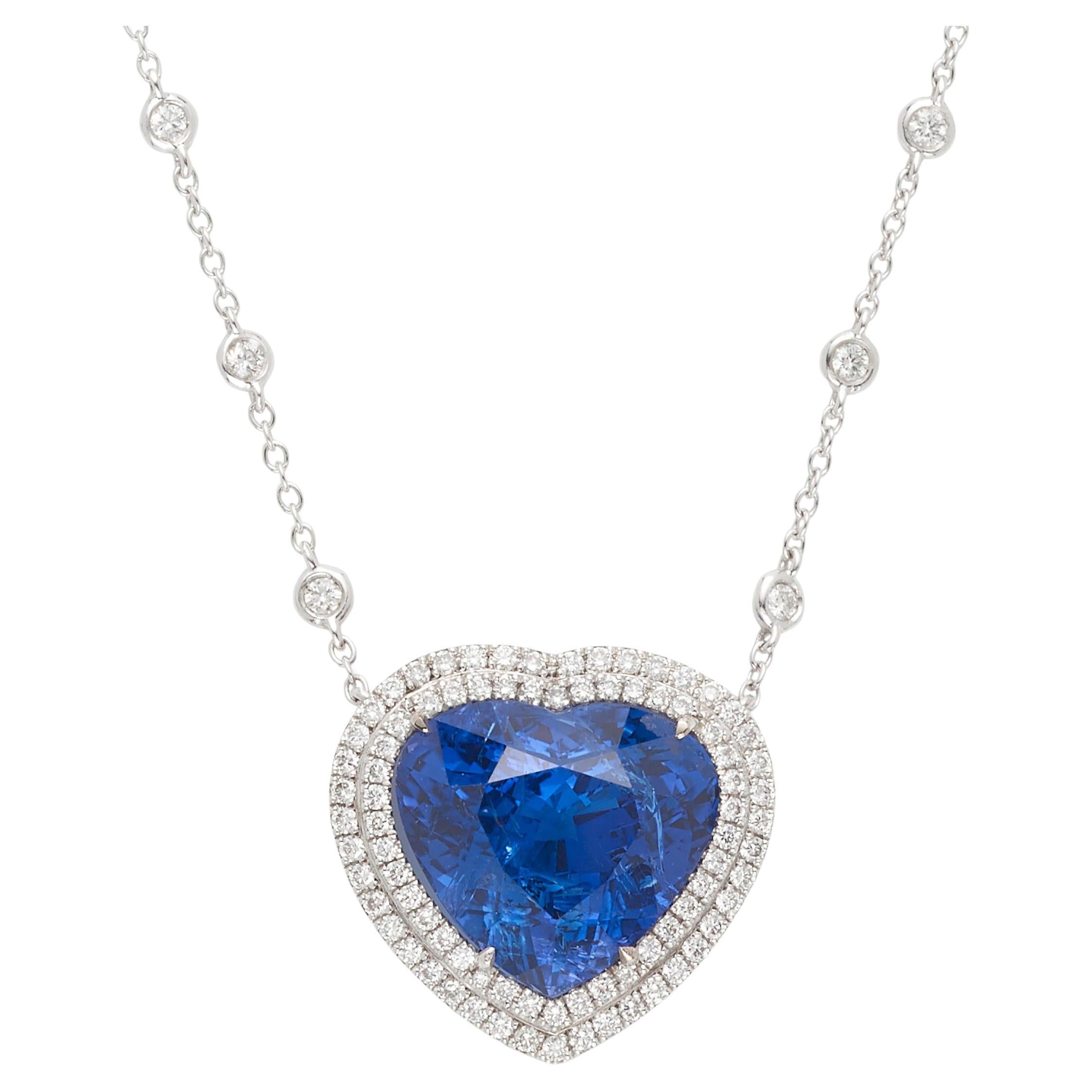 Heart Shaped Tanzanite 17.63 ct Diamond Necklace in 18k White Gold w/ GIA Cert