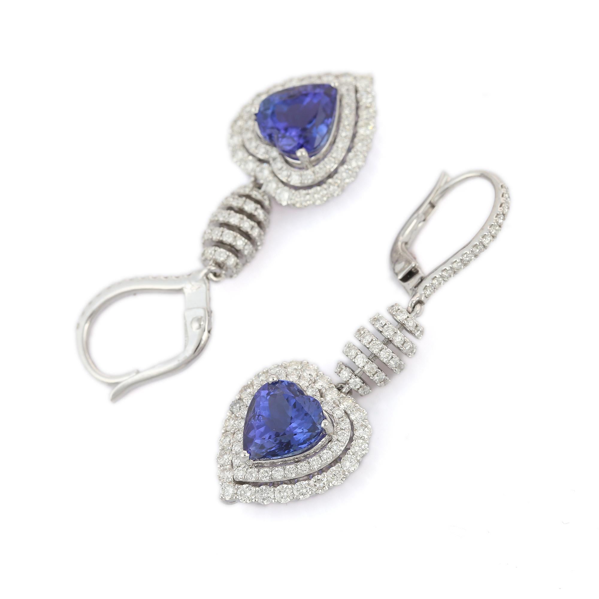 Modern Heart Shaped Tanzanite and Diamond Dangle Earrings in 18K White Gold For Sale