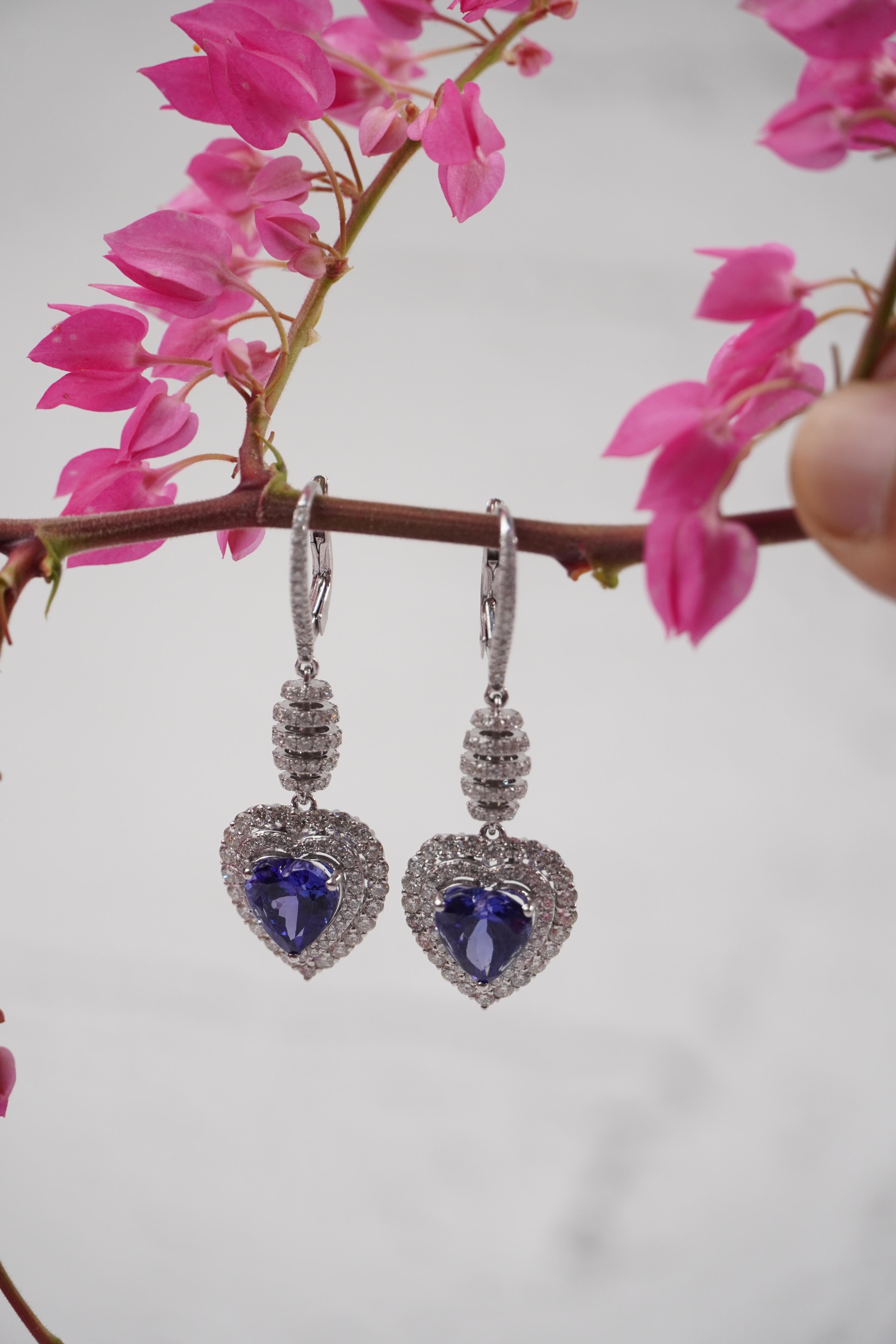 Heart Cut Heart Shaped Tanzanite and Diamond Dangle Earrings in 18K White Gold For Sale