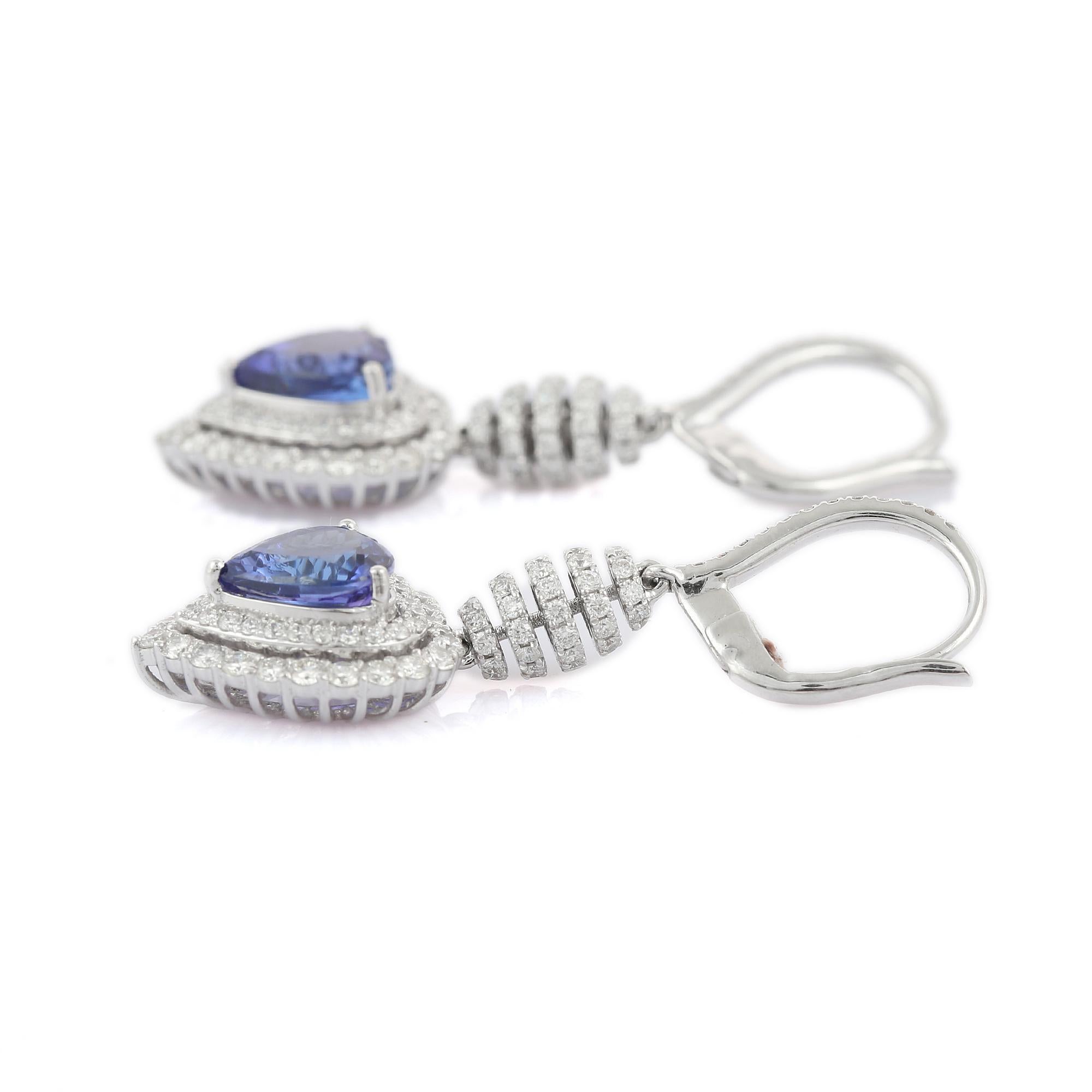 Heart Shaped Tanzanite and Diamond Dangle Earrings in 18K White Gold In New Condition For Sale In Houston, TX