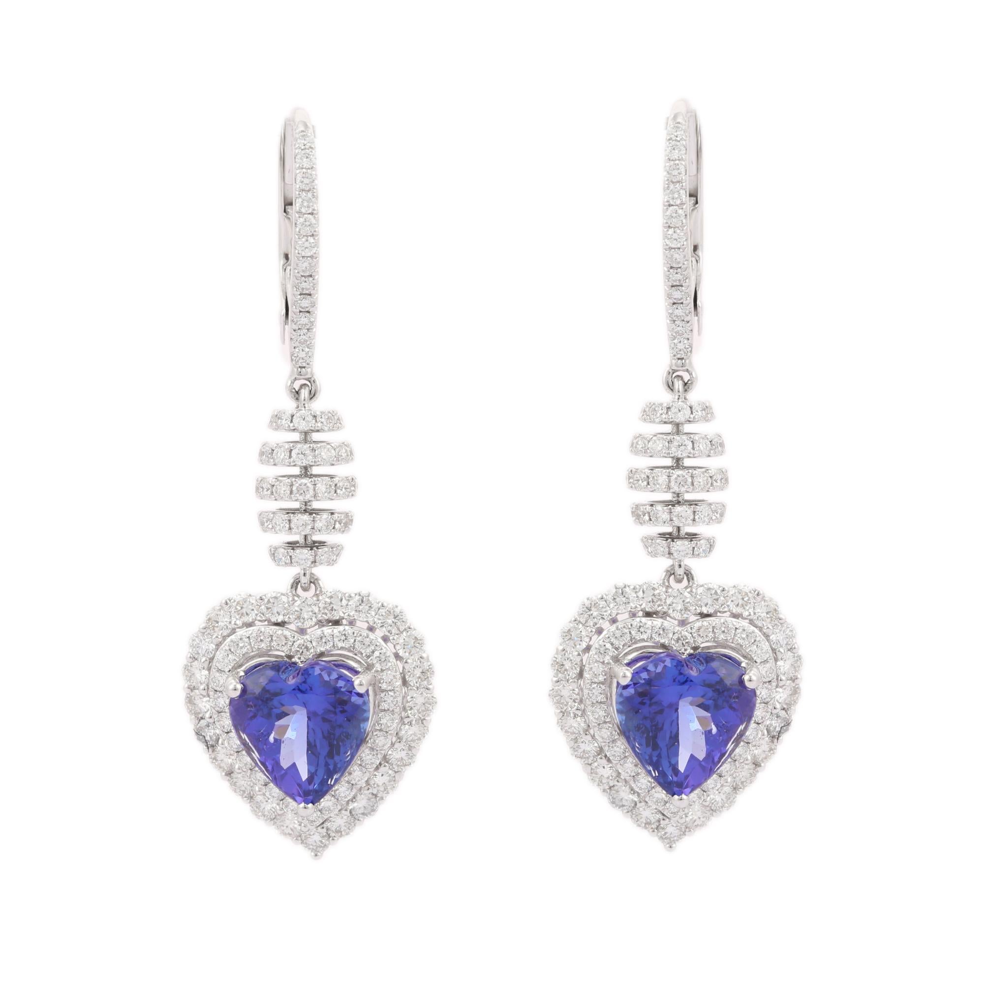 Heart Shaped Tanzanite and Diamond Dangle Earrings in 18K White Gold For Sale 1