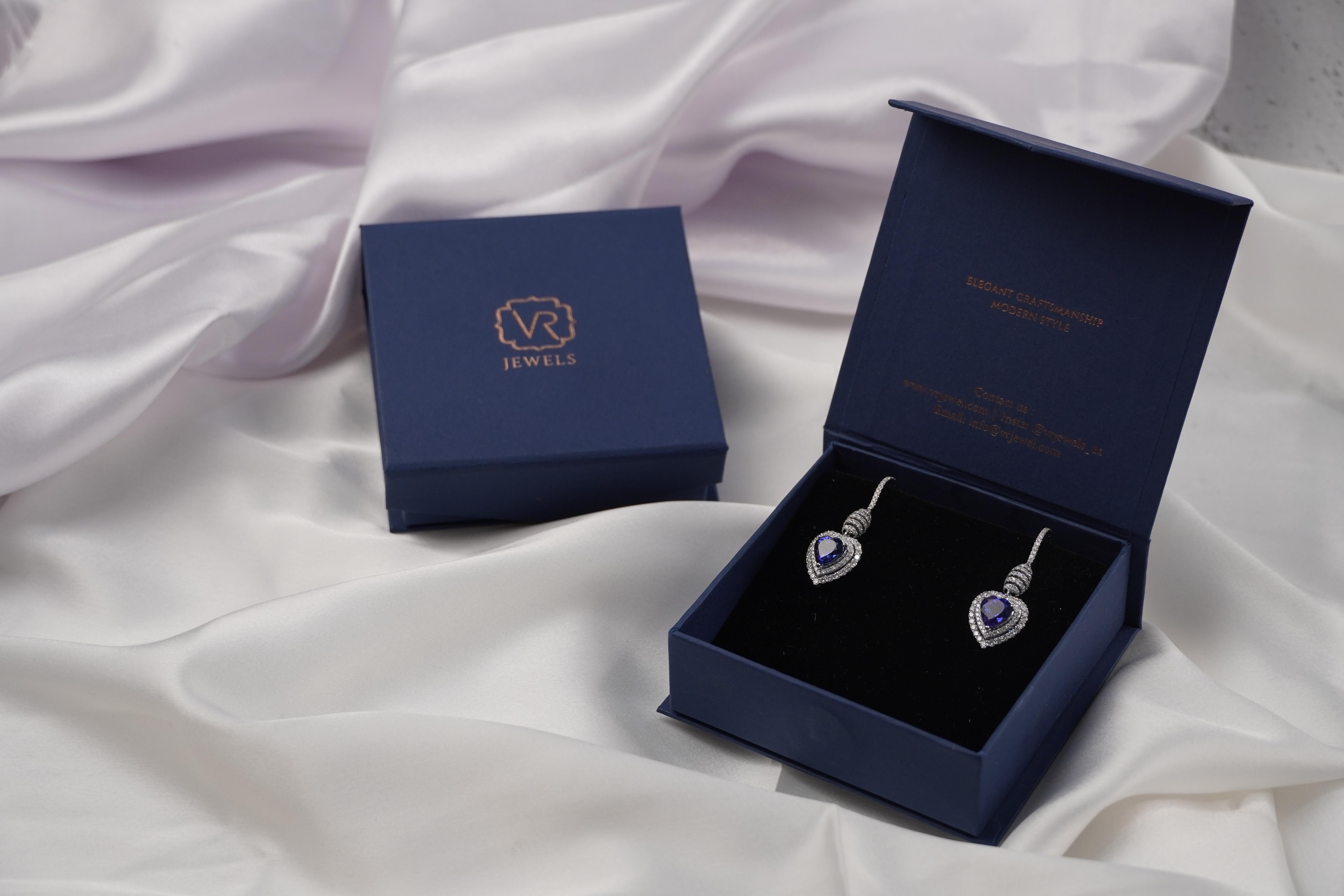 Heart Shaped Tanzanite and Diamond Dangle Earrings in 18K White Gold For Sale 2